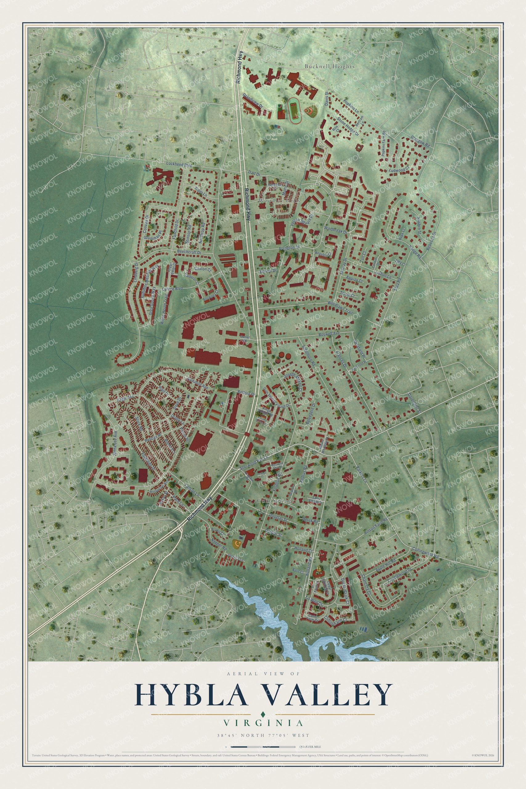 Full map of Hybla Valley, Virginia, with red buildings, printed street names and the land around them