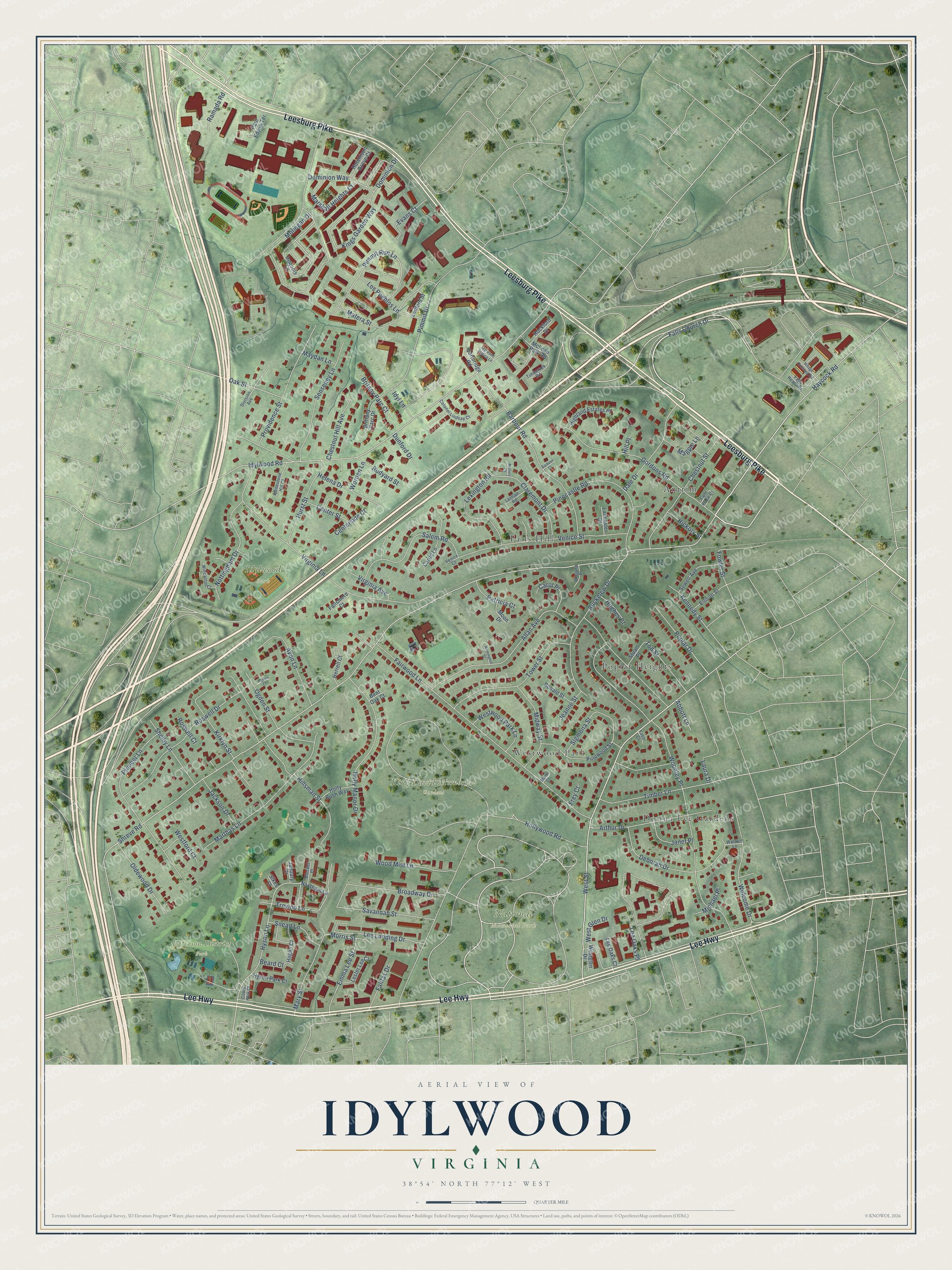 Full map of Idylwood, Virginia, with red buildings, printed street names and the land around them