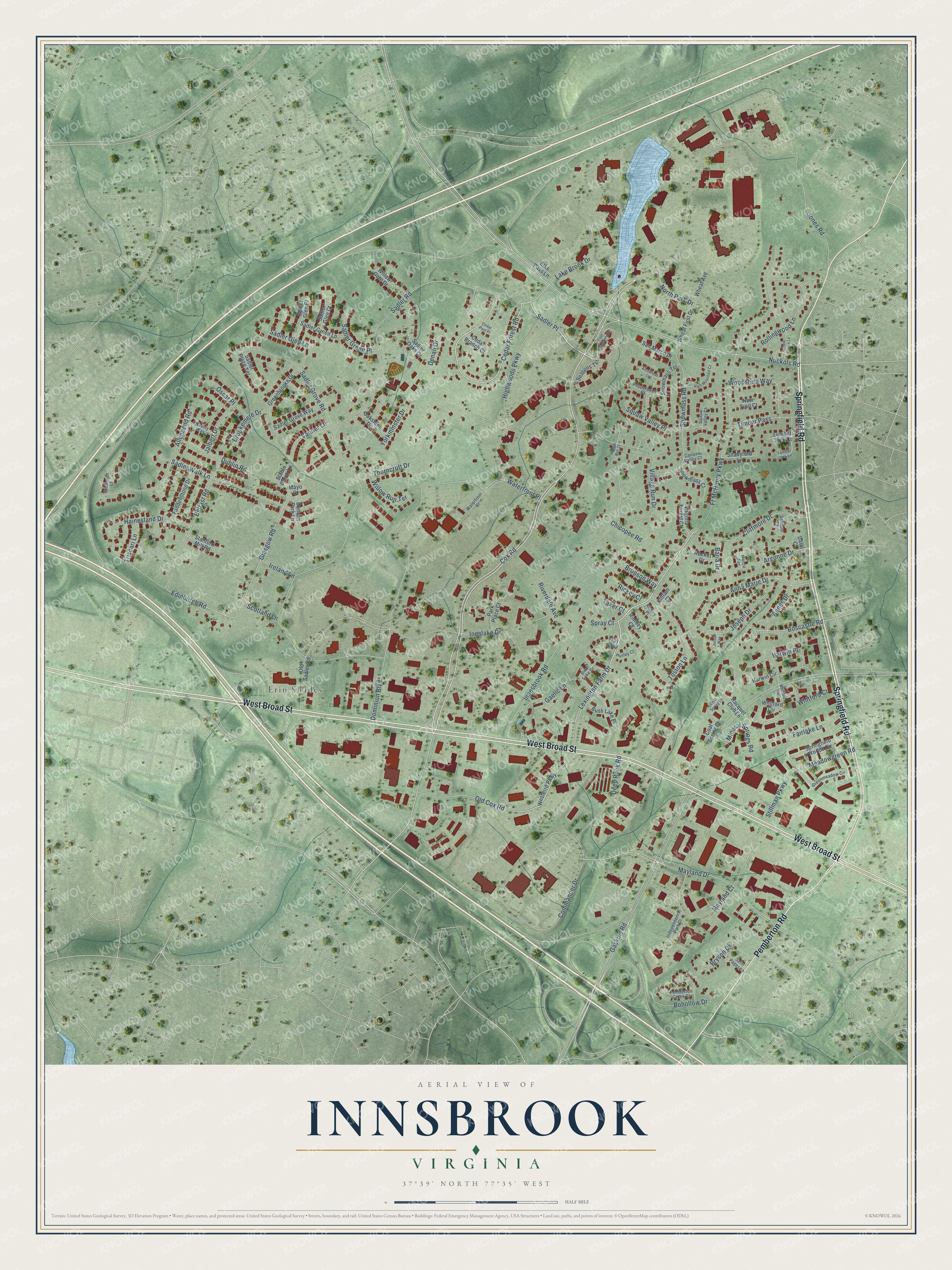 Full map of Innsbrook, Virginia, with red buildings, printed street names and the land around them