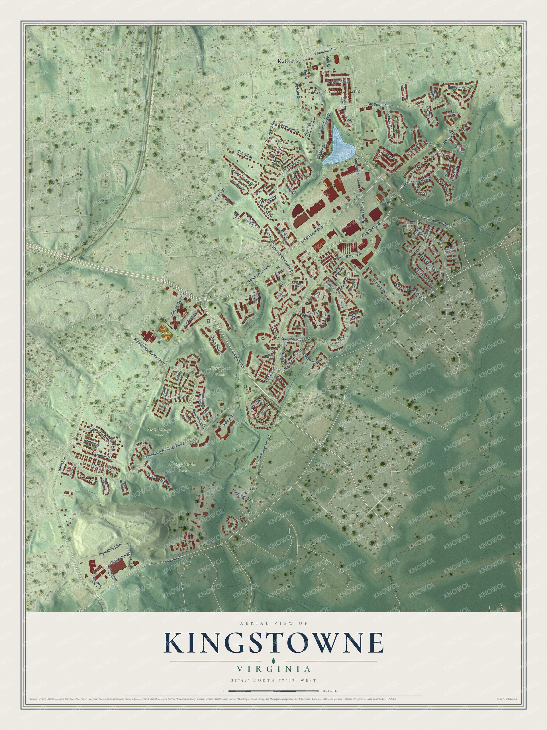 Full map of Kingstowne, Virginia, with red buildings, printed street names and the land around them