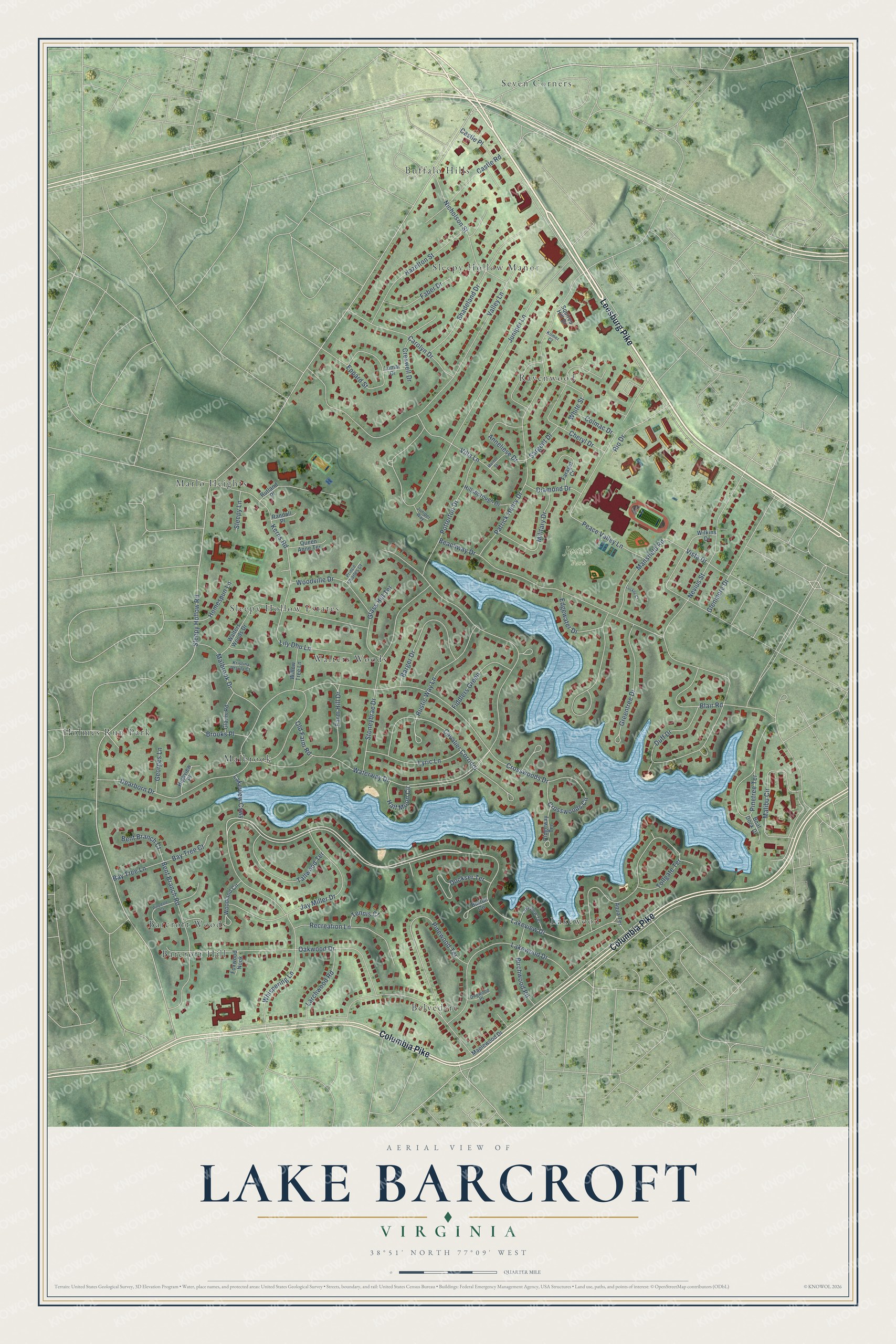 Full map of Lake Barcroft, Virginia, with red buildings, printed street names and the land around them