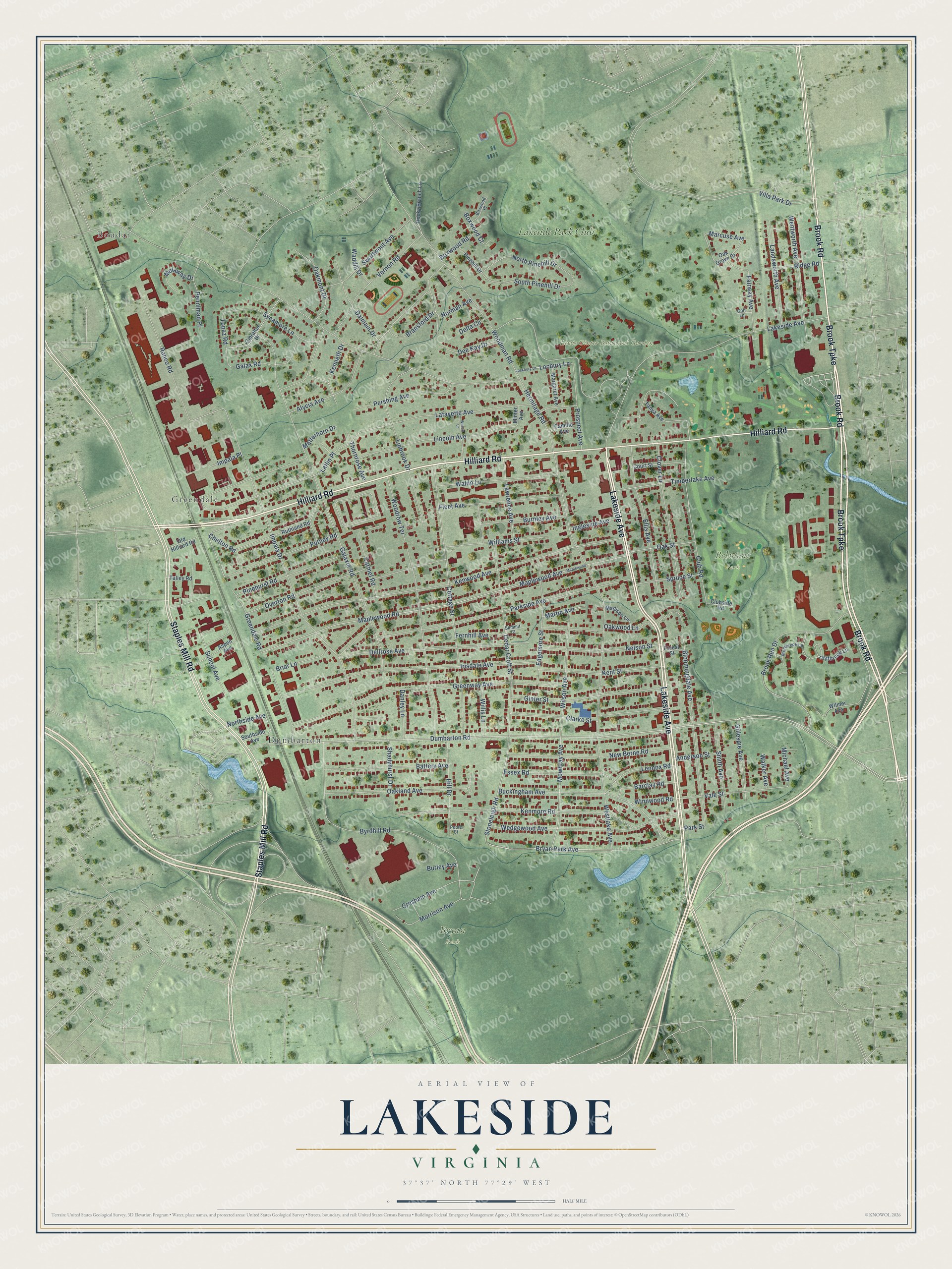 Full map of Lakeside, Virginia, with red buildings, printed street names and the land around them