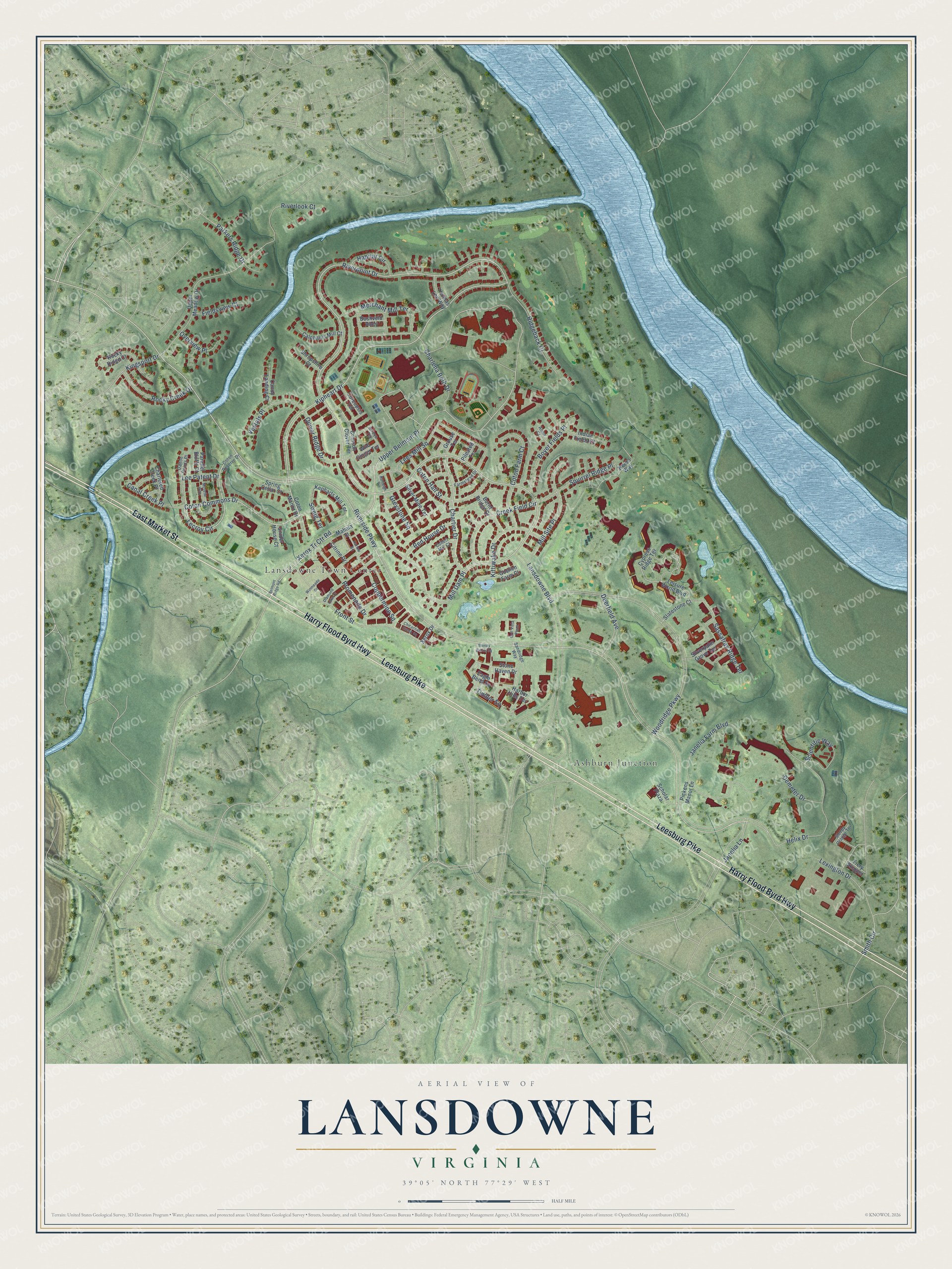 Full map of Lansdowne, Virginia, with red buildings, printed street names and the land around them