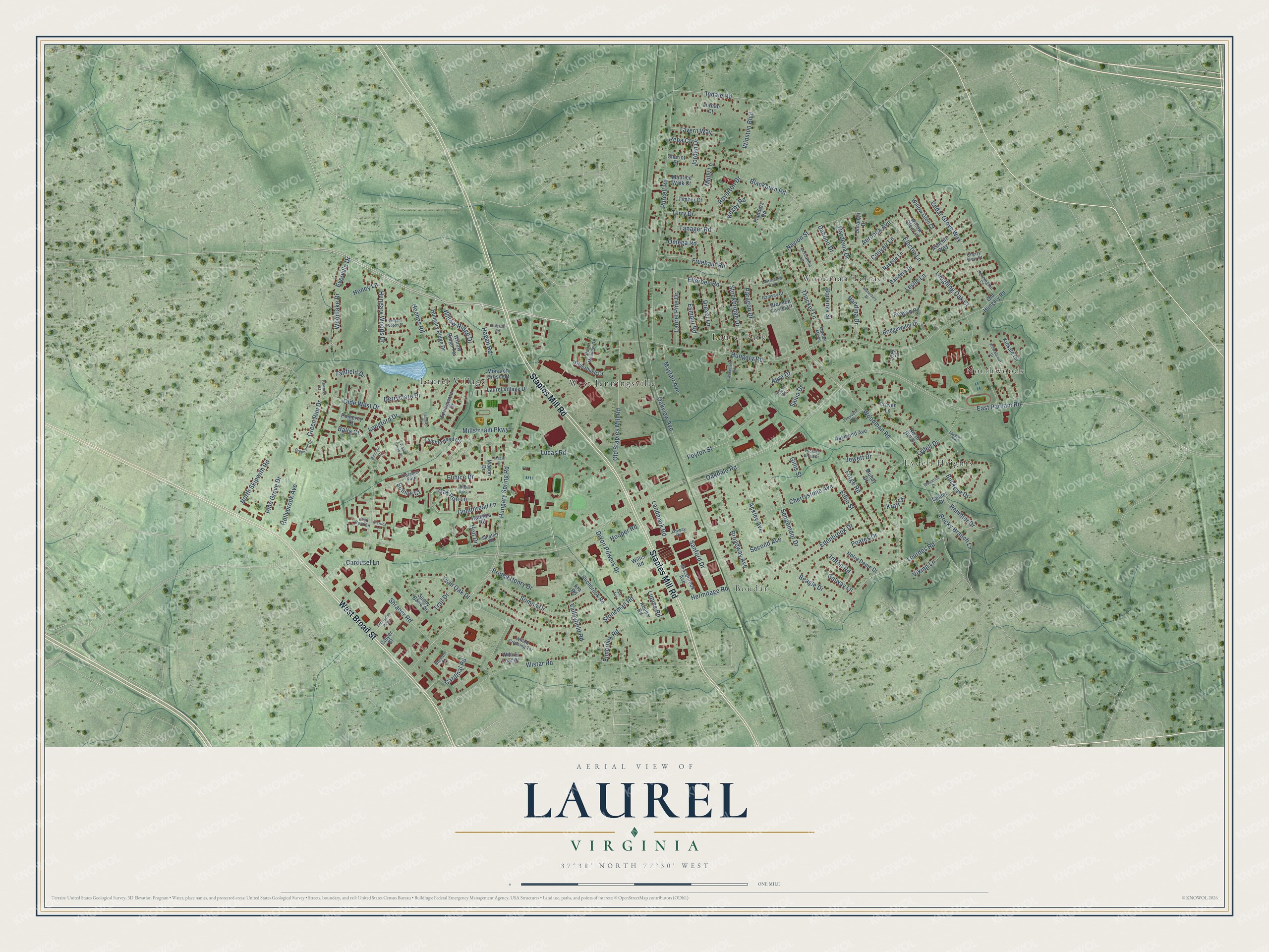 Full map of Laurel, Virginia, with red buildings, printed street names and the land around them