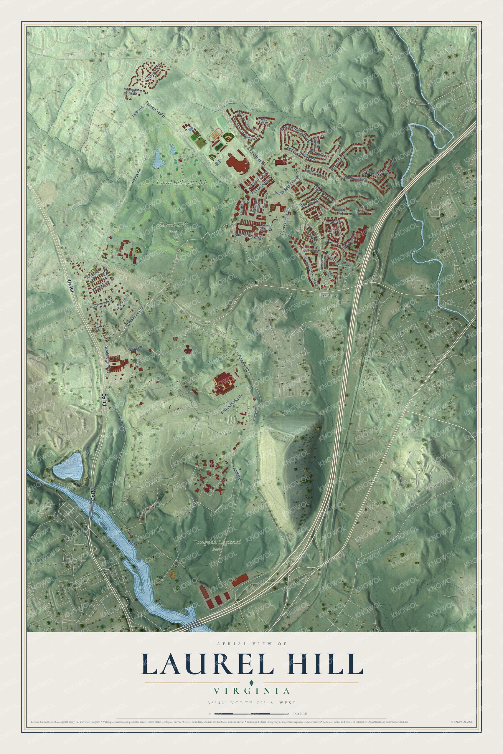 Full map of Laurel Hill, Virginia, with red buildings, printed street names and the land around them