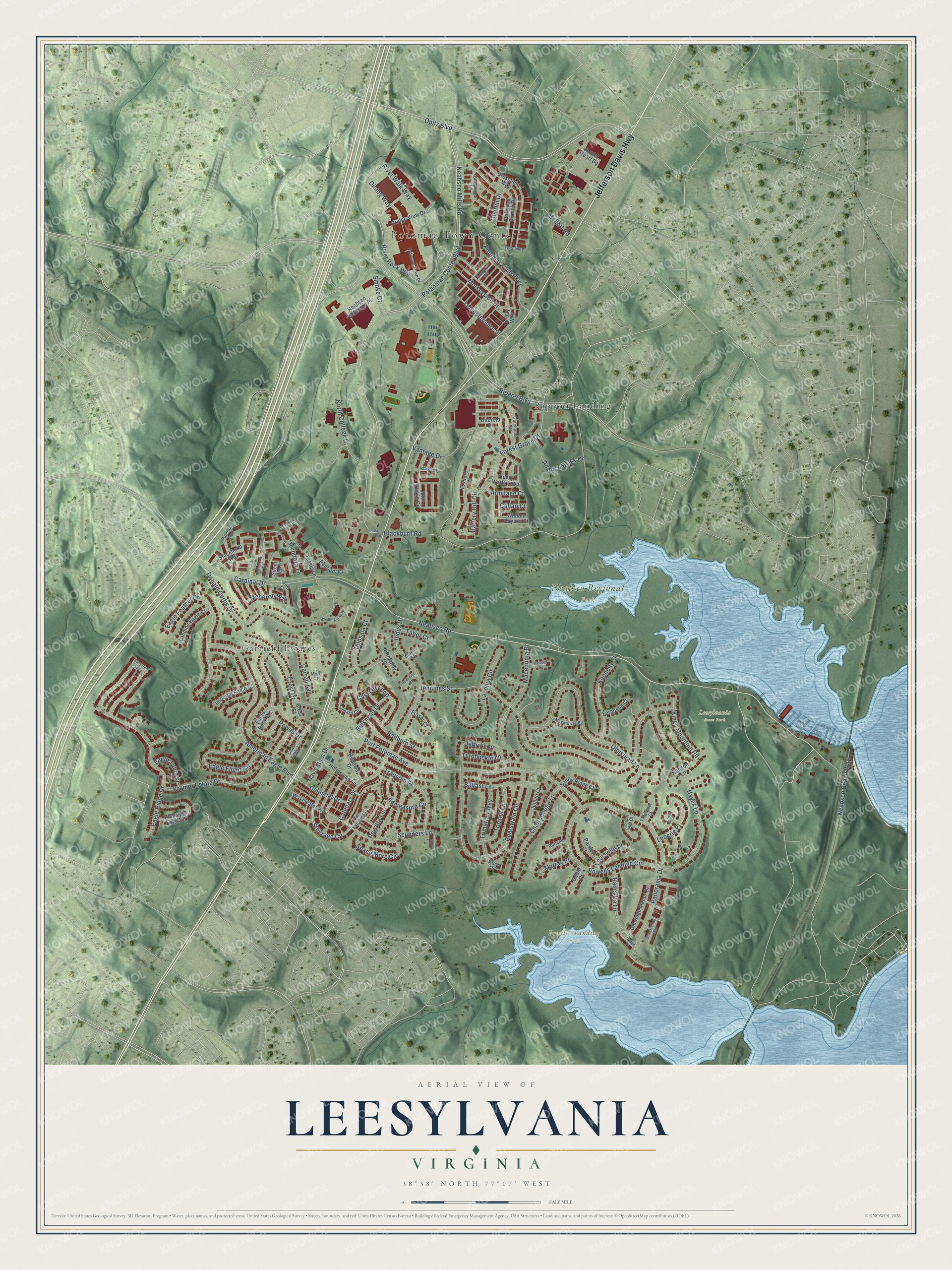 Full map of Leesylvania, Virginia, with red buildings, printed street names and the land around them