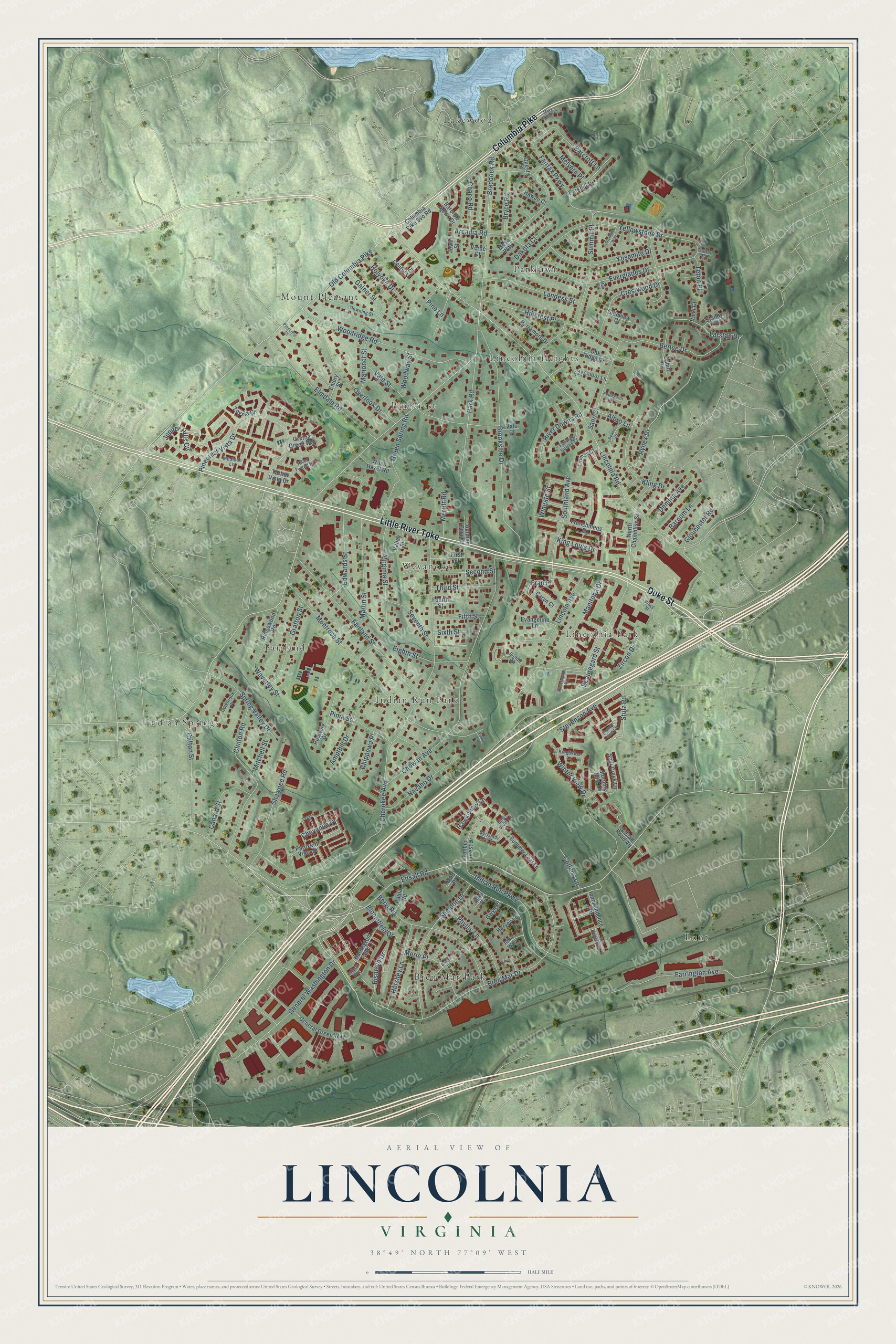 Full map of Lincolnia, Virginia, with red buildings, printed street names and the land around them