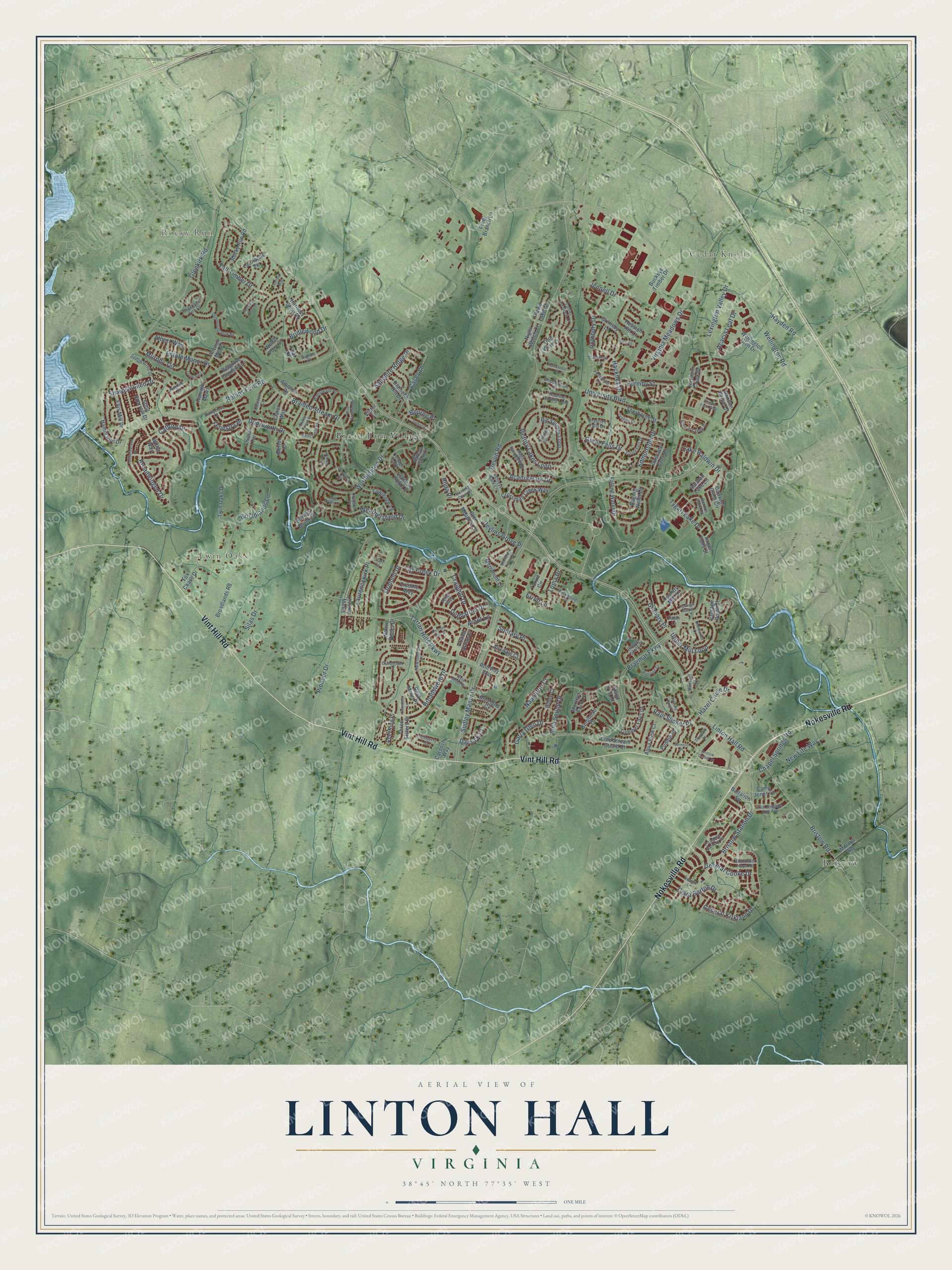 Full map of Linton Hall, Virginia, with red buildings, printed street names and the land around them