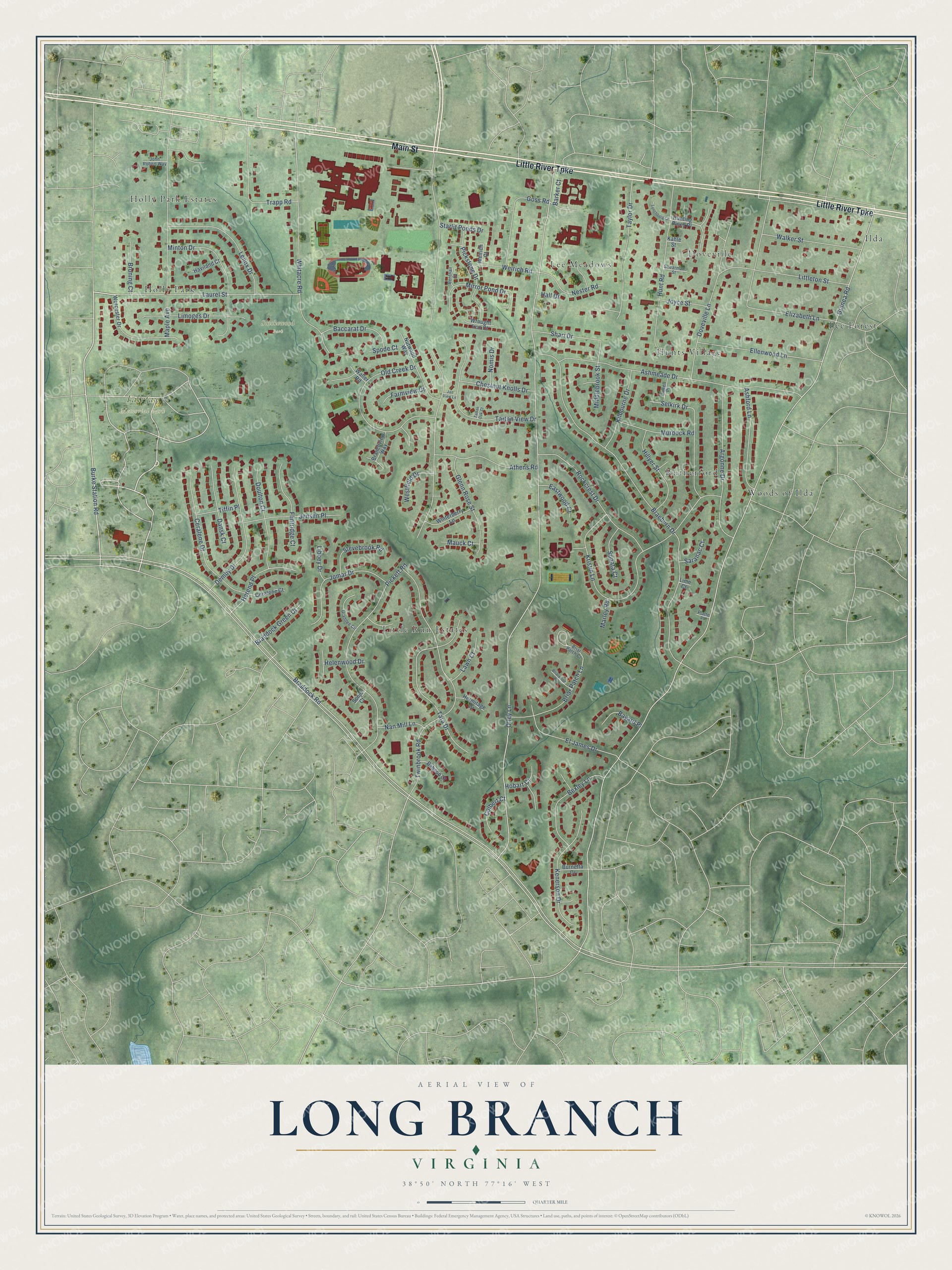 Full map of Long Branch, Virginia, with red buildings, printed street names and the land around them