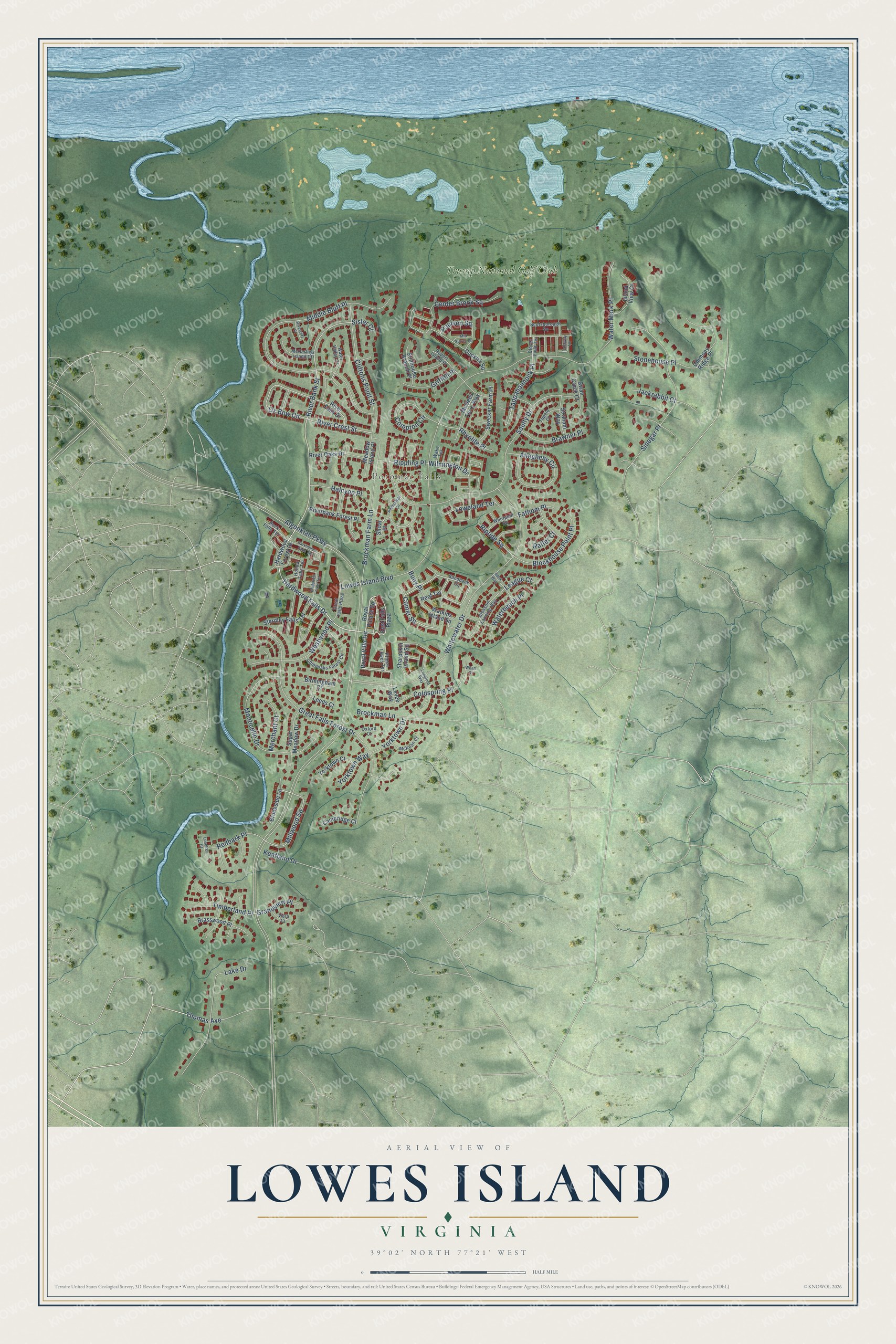 Watermarked full-map preview of Lowes Island, Virginia