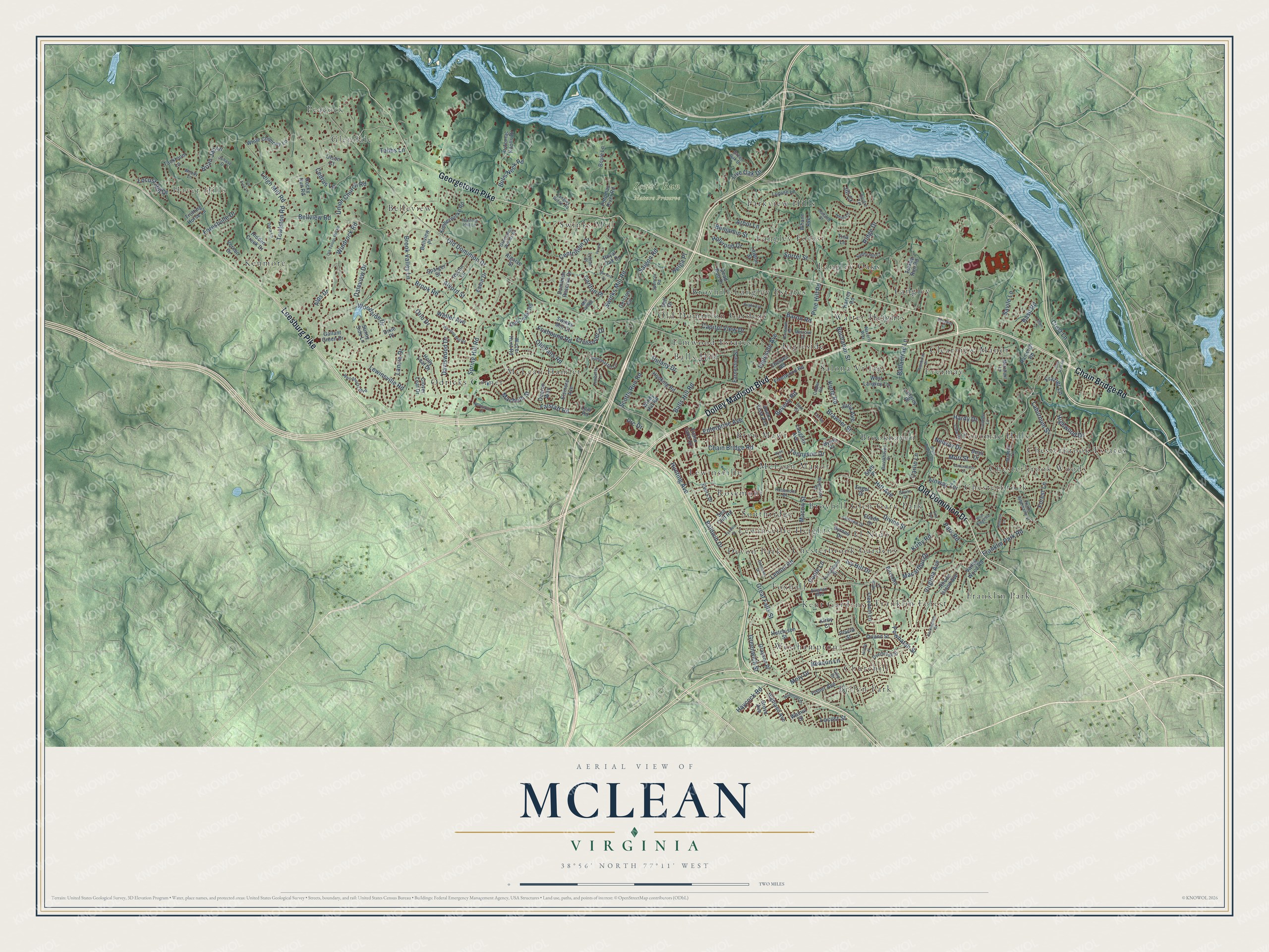 Full map of McLean, Virginia, with red buildings, printed street names and the land around them