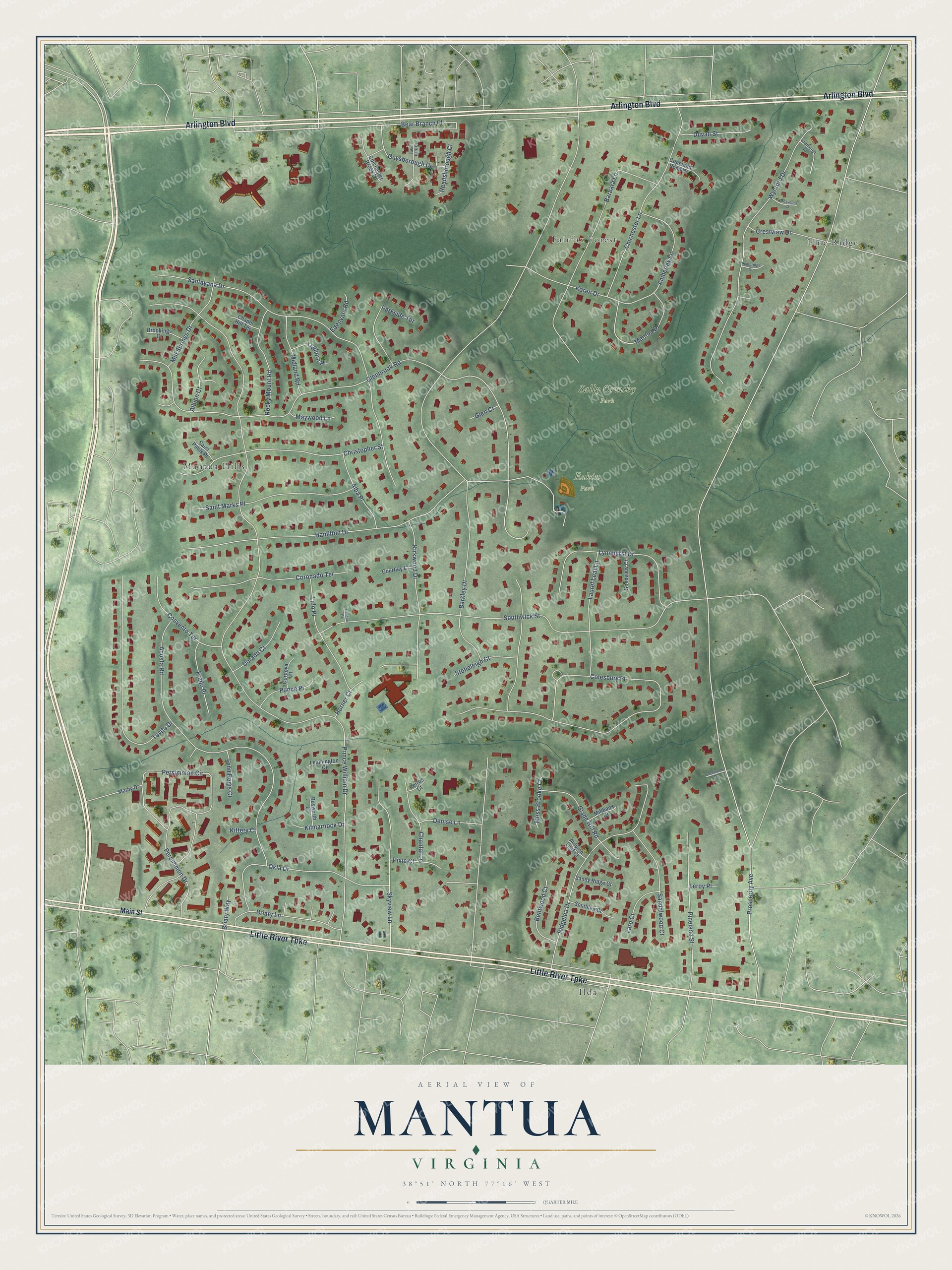 Full map of Mantua, Virginia, with red buildings, printed street names and the land around them