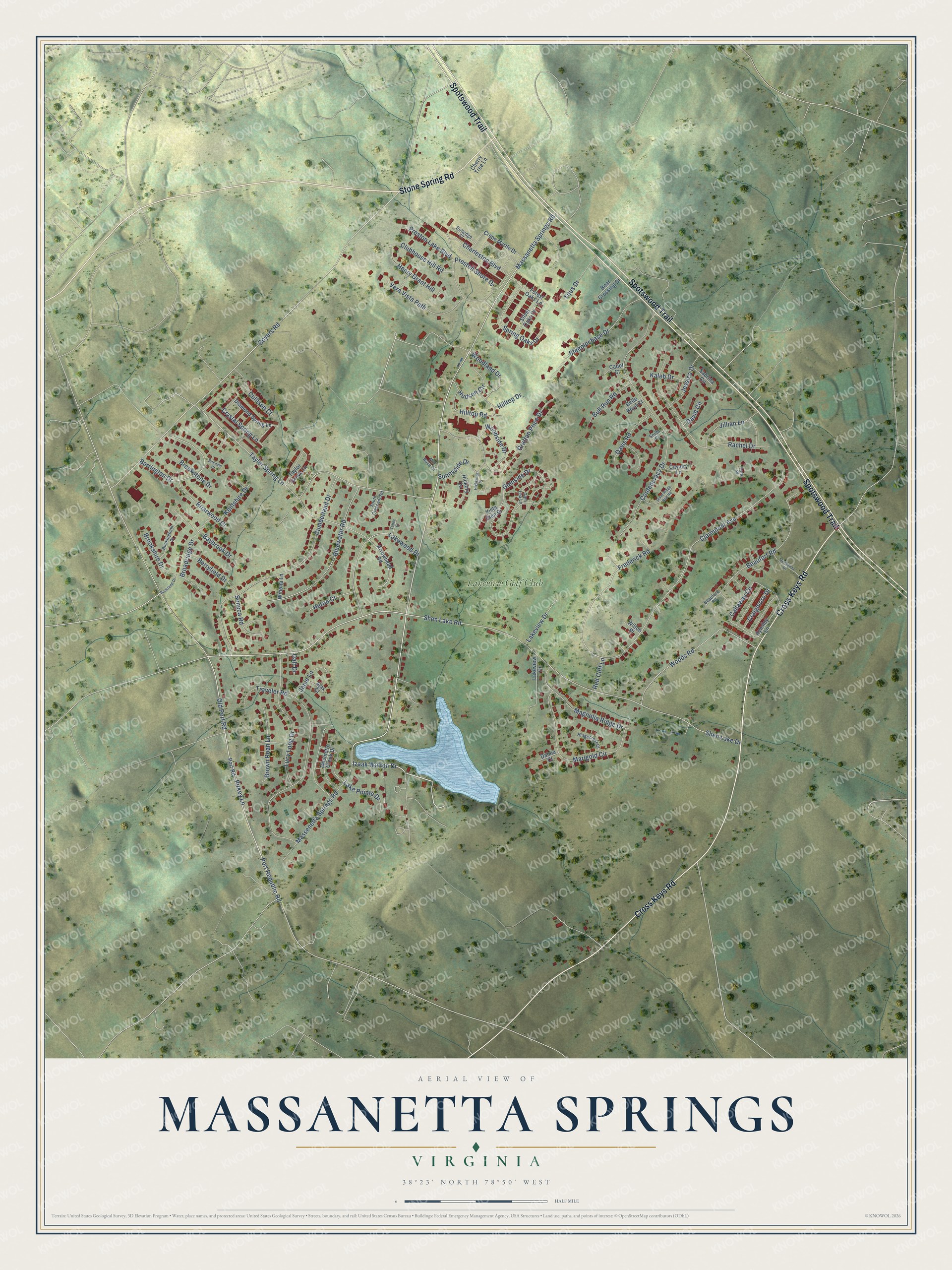 Full map of Massanetta Springs, Virginia, with red buildings, printed street names and the land around them