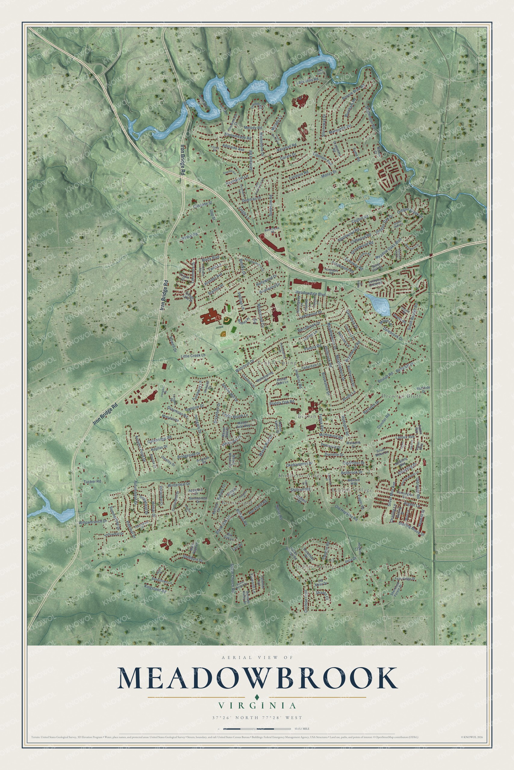Full map of Meadowbrook, Virginia, with red buildings, printed street names and the land around them