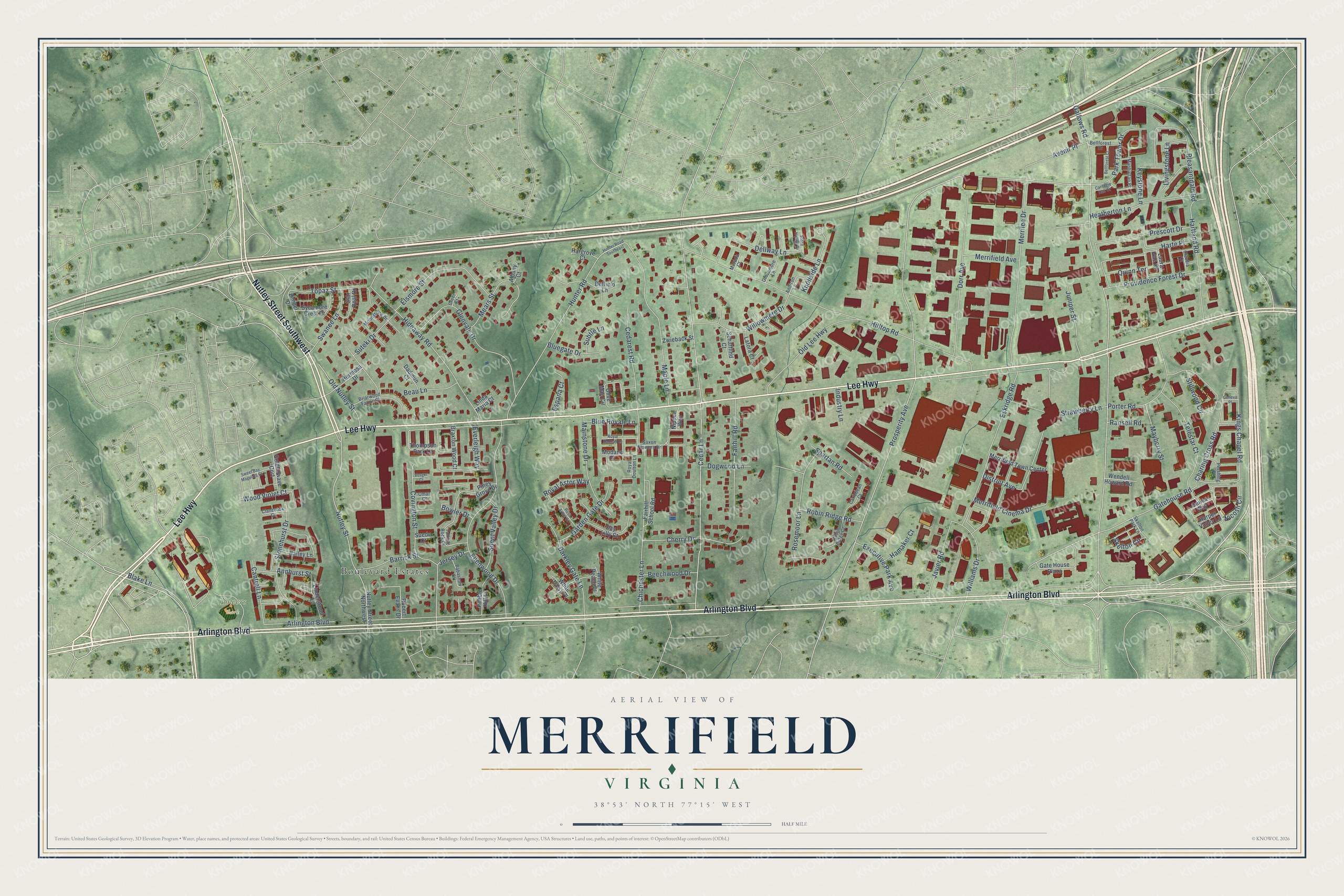 Full map of Merrifield, Virginia, with red buildings, printed street names and the land around them