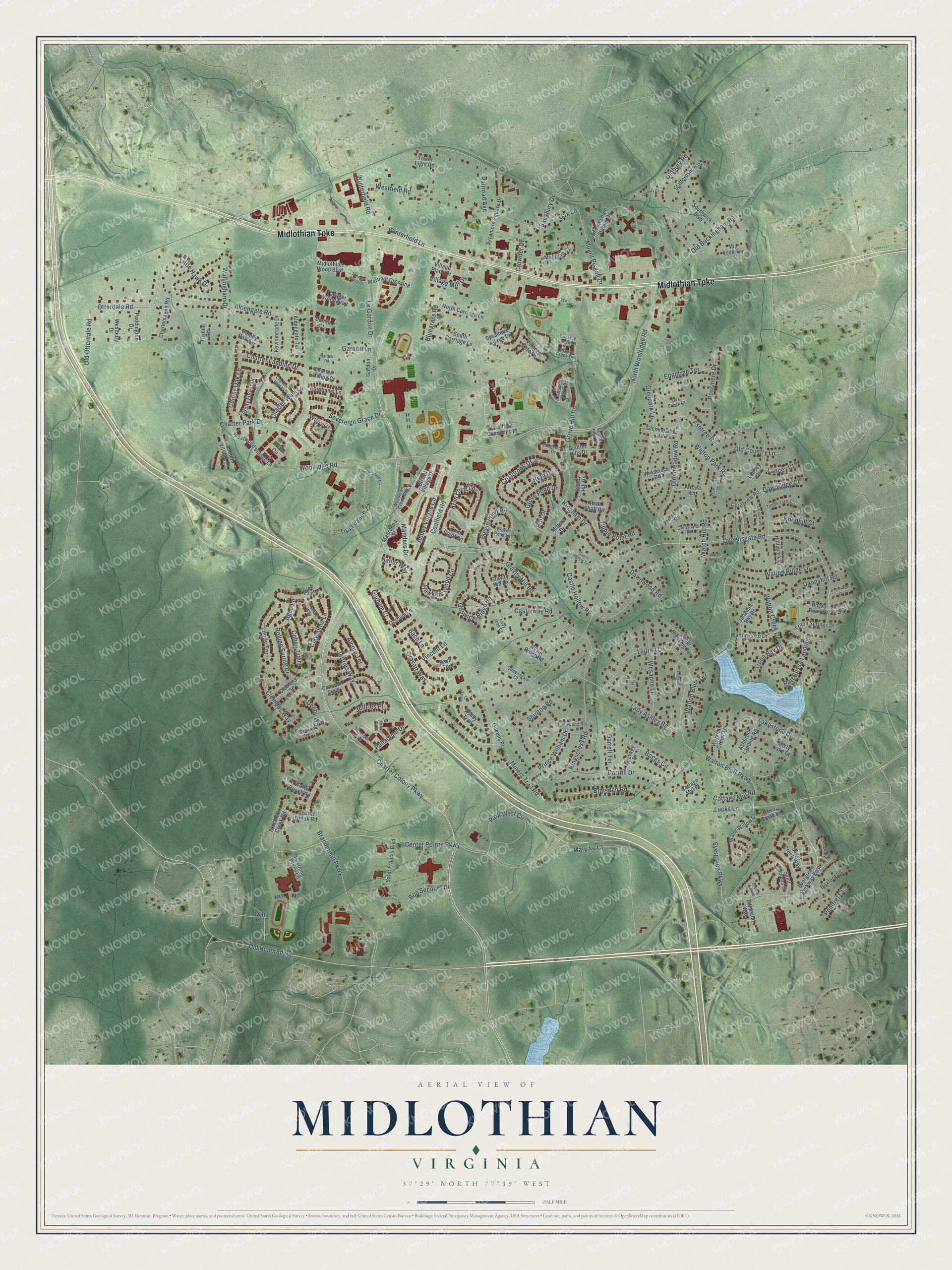 Full map of Midlothian, Virginia, with red buildings, printed street names and the land around them