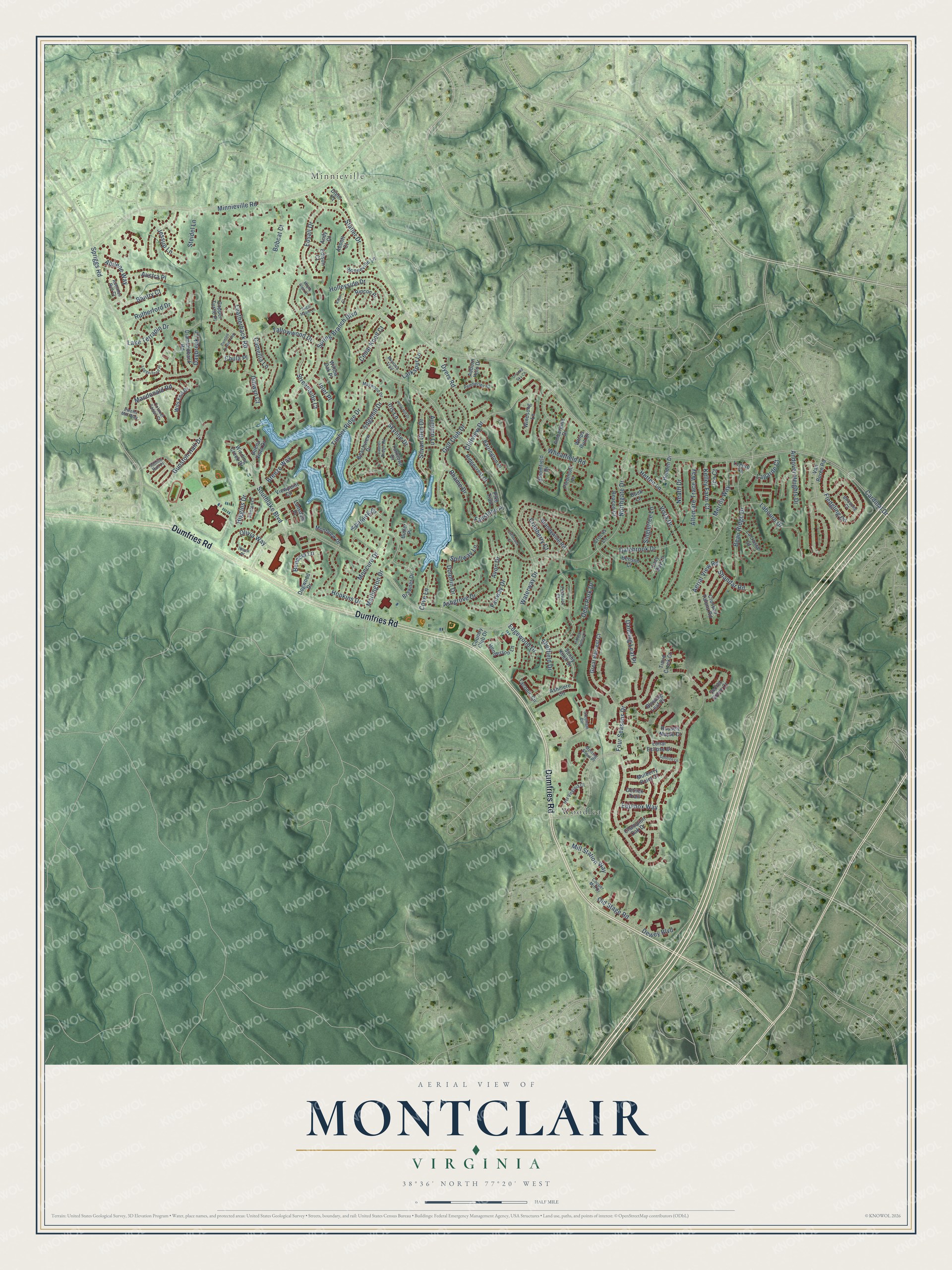 Full map of Montclair, Virginia, with red buildings, printed street names and the land around them