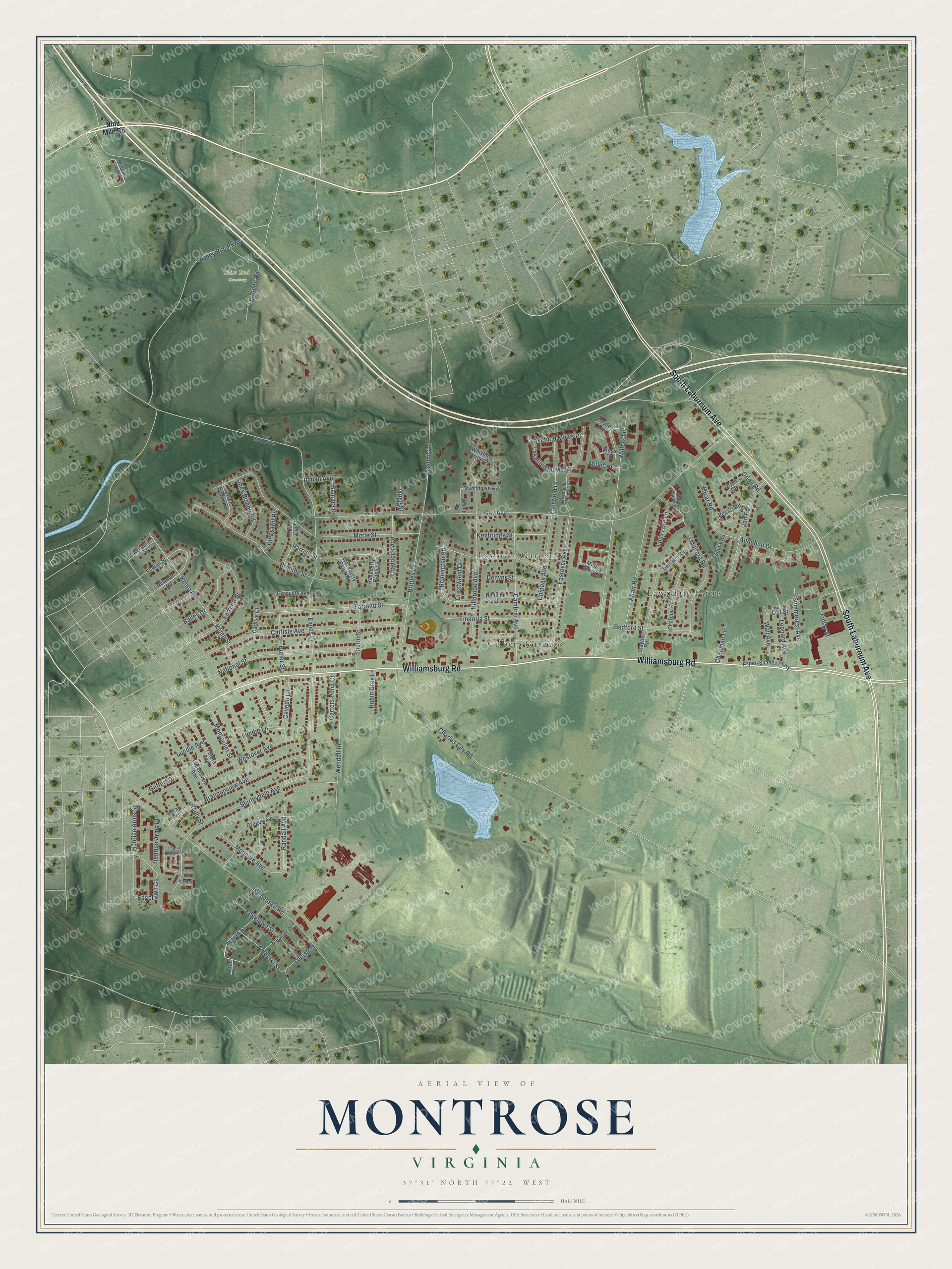 Full map of Montrose, Virginia, with red buildings, printed street names and the land around them