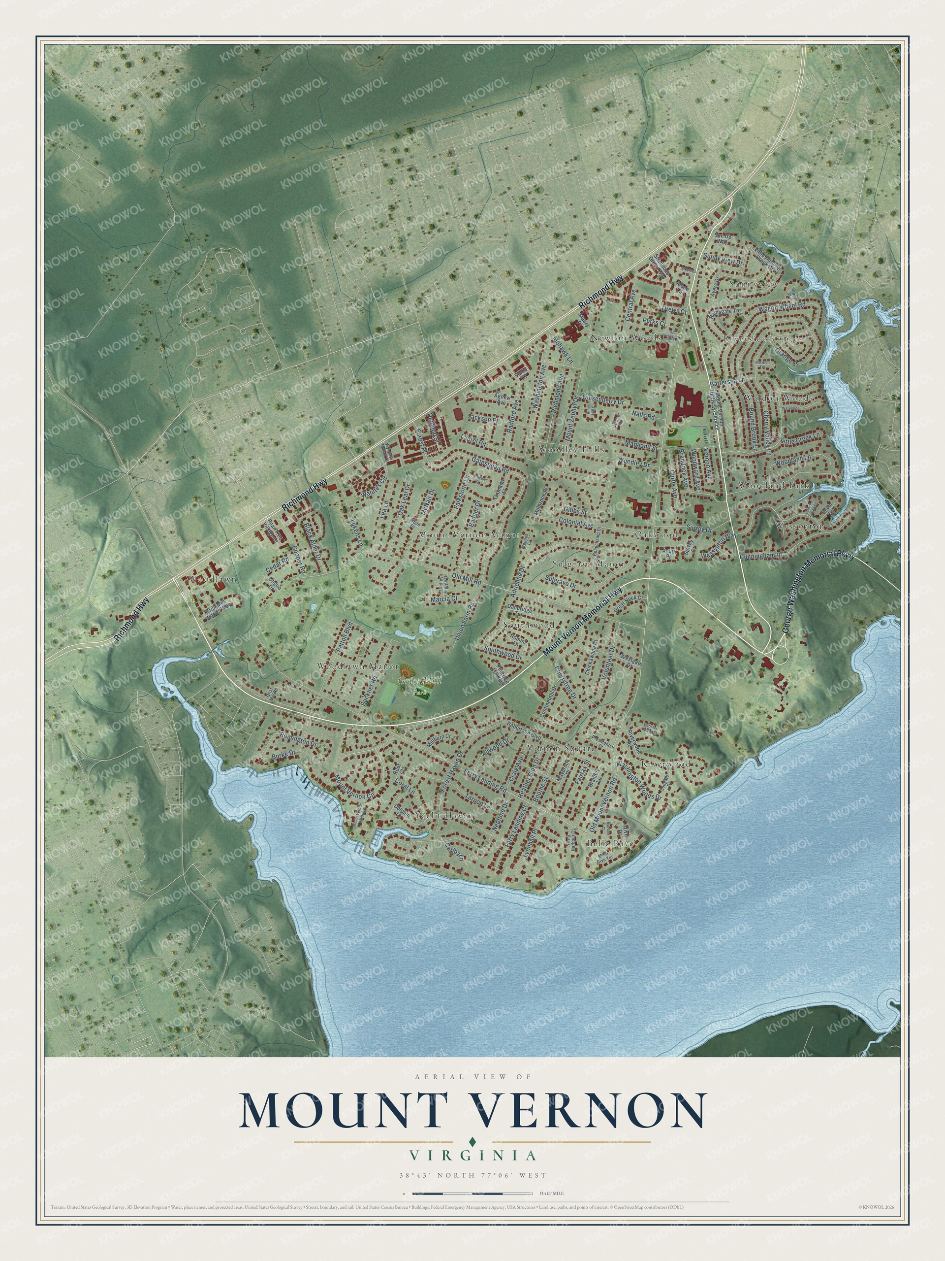 Full map of Mount Vernon, Virginia, with red buildings, printed street names and the land around them
