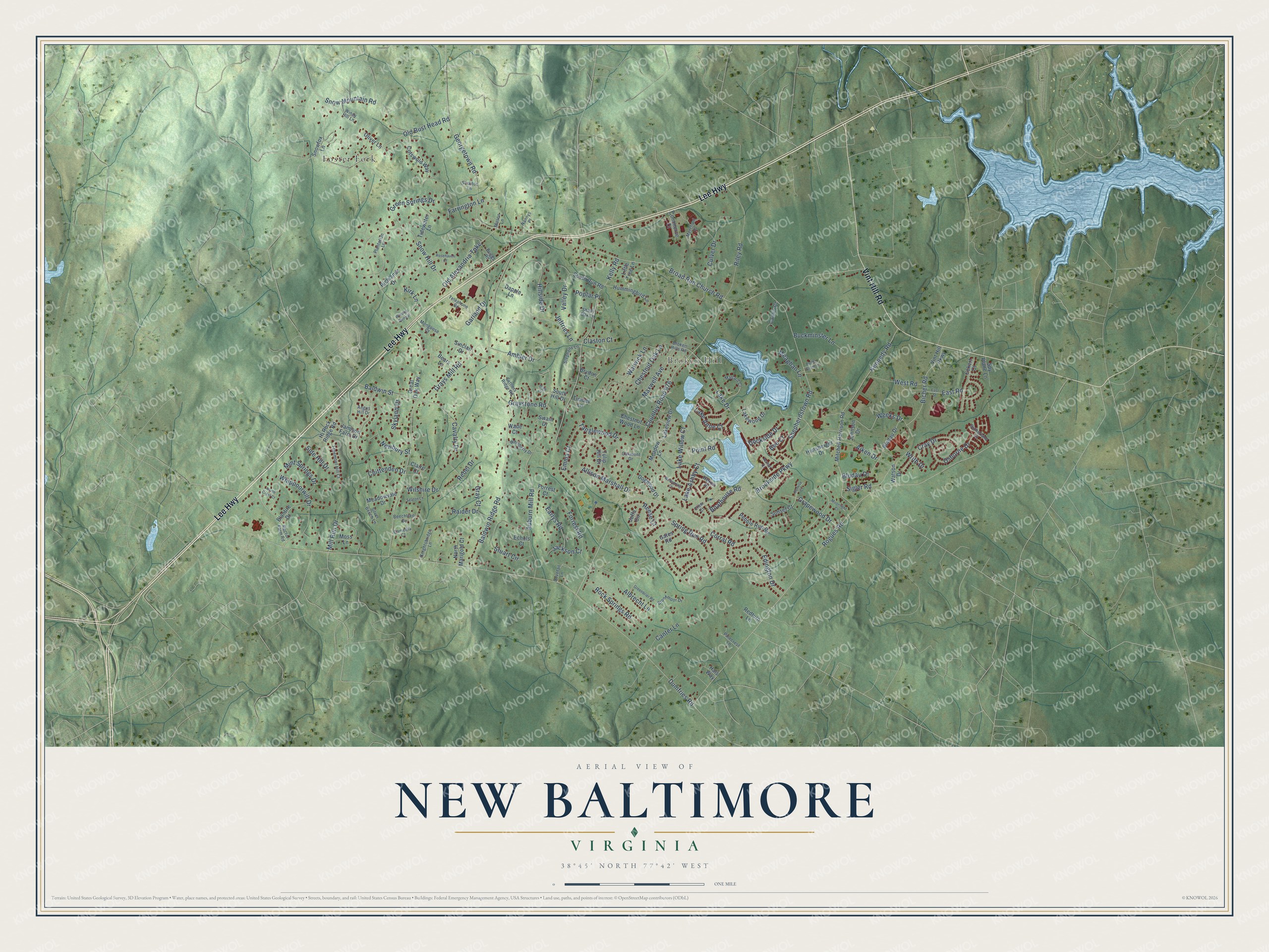 Full map of New Baltimore, Virginia, with red buildings, printed street names and the land around them