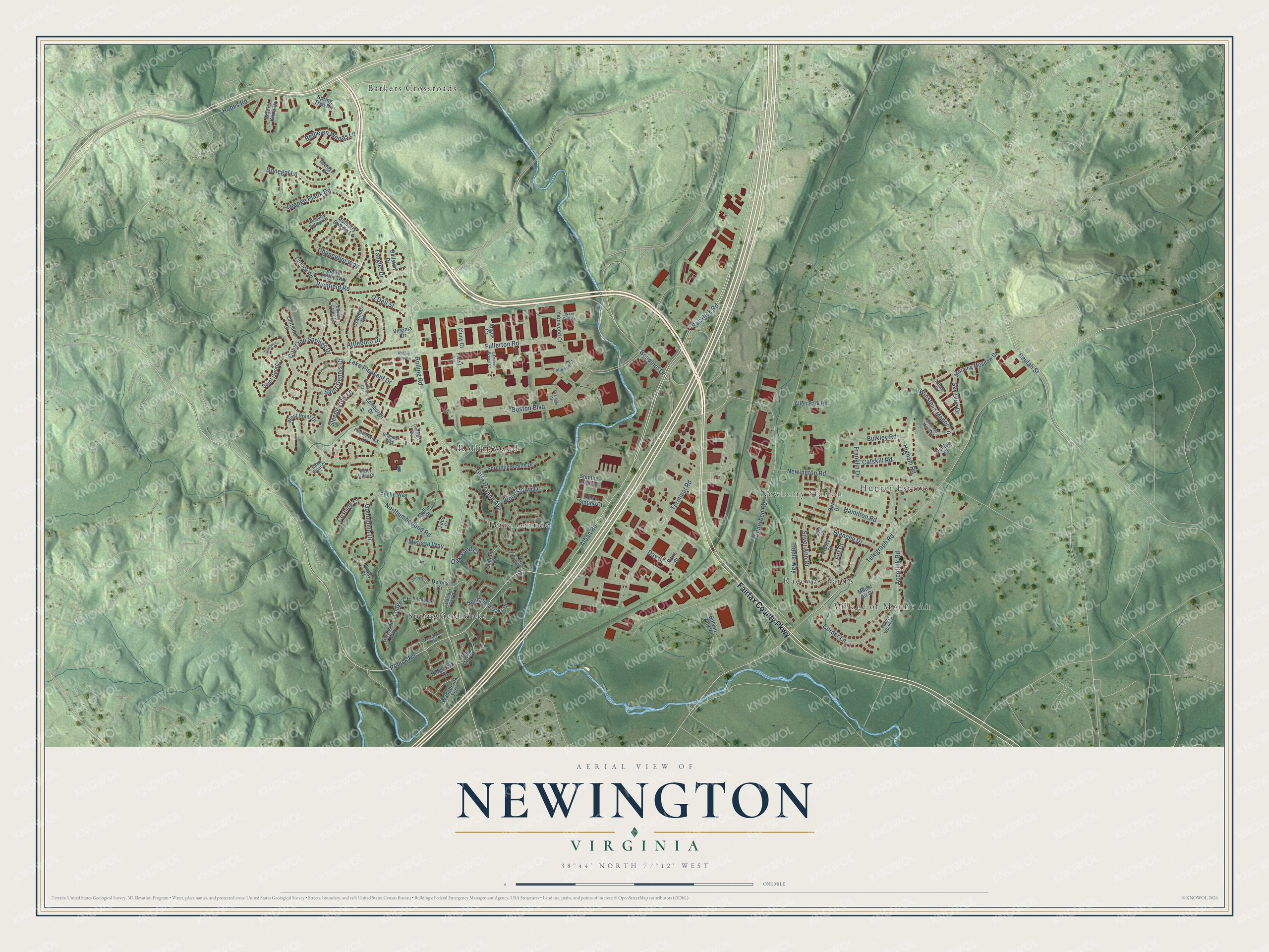 Full map of Newington, Virginia, with red buildings, printed street names and the land around them