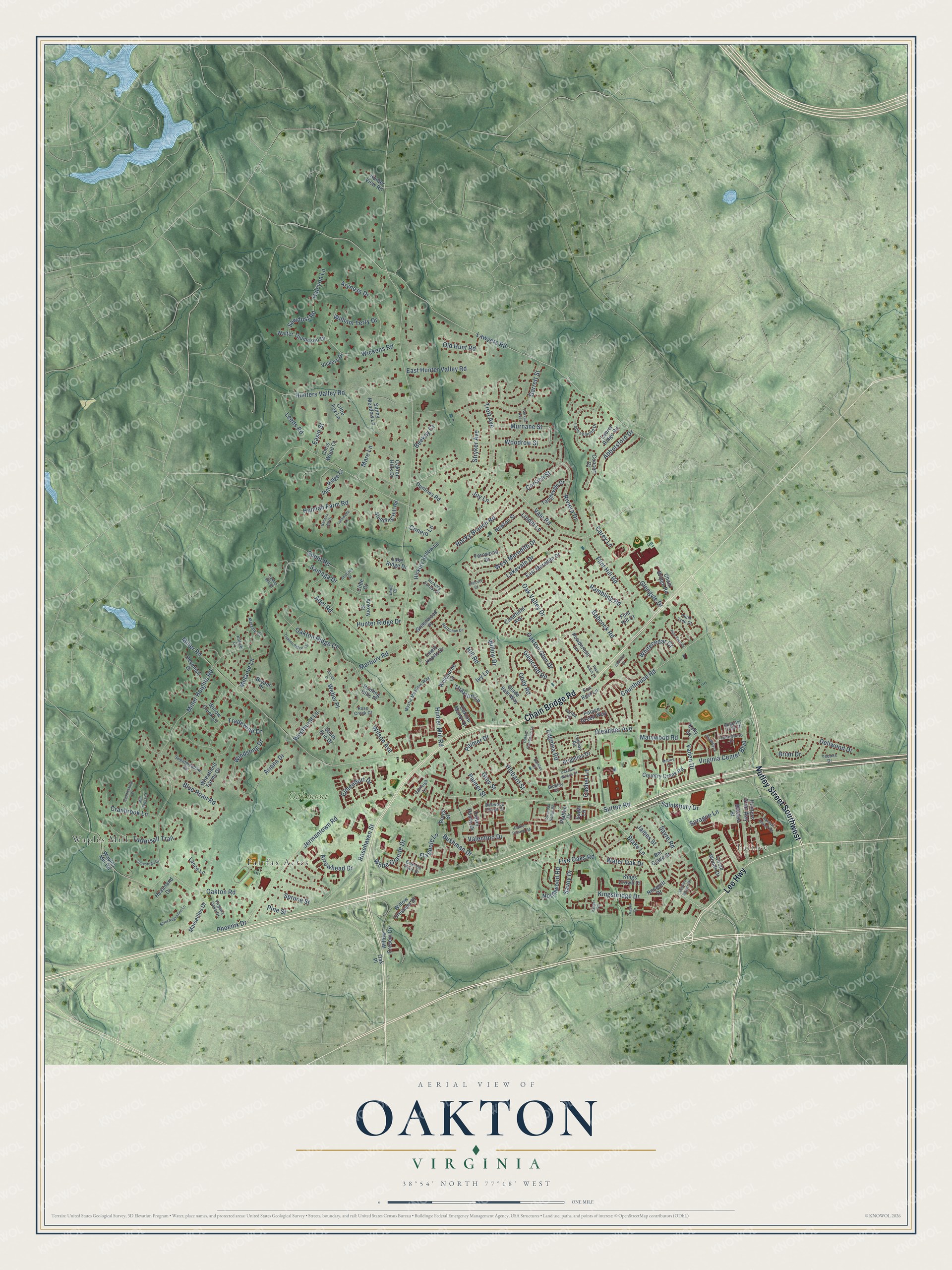 Full map of Oakton, Virginia, with red buildings, printed street names and the land around them