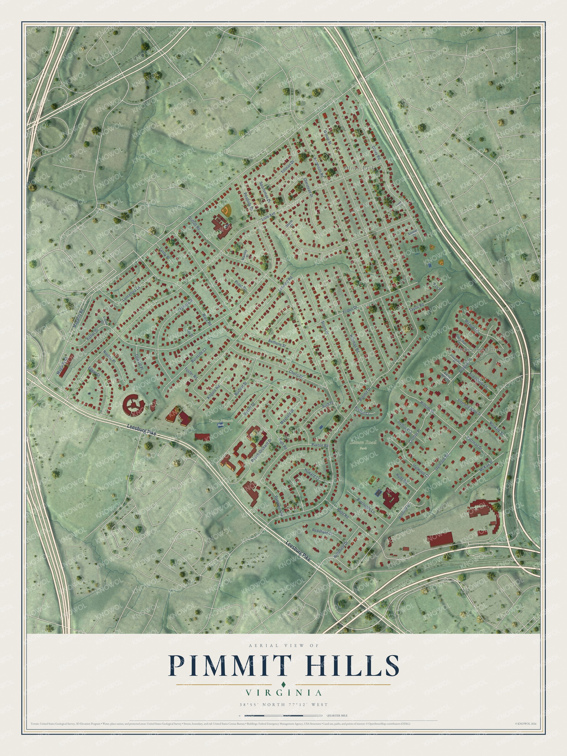 Full map of Pimmit Hills, Virginia, with red buildings, printed street names and the land around them