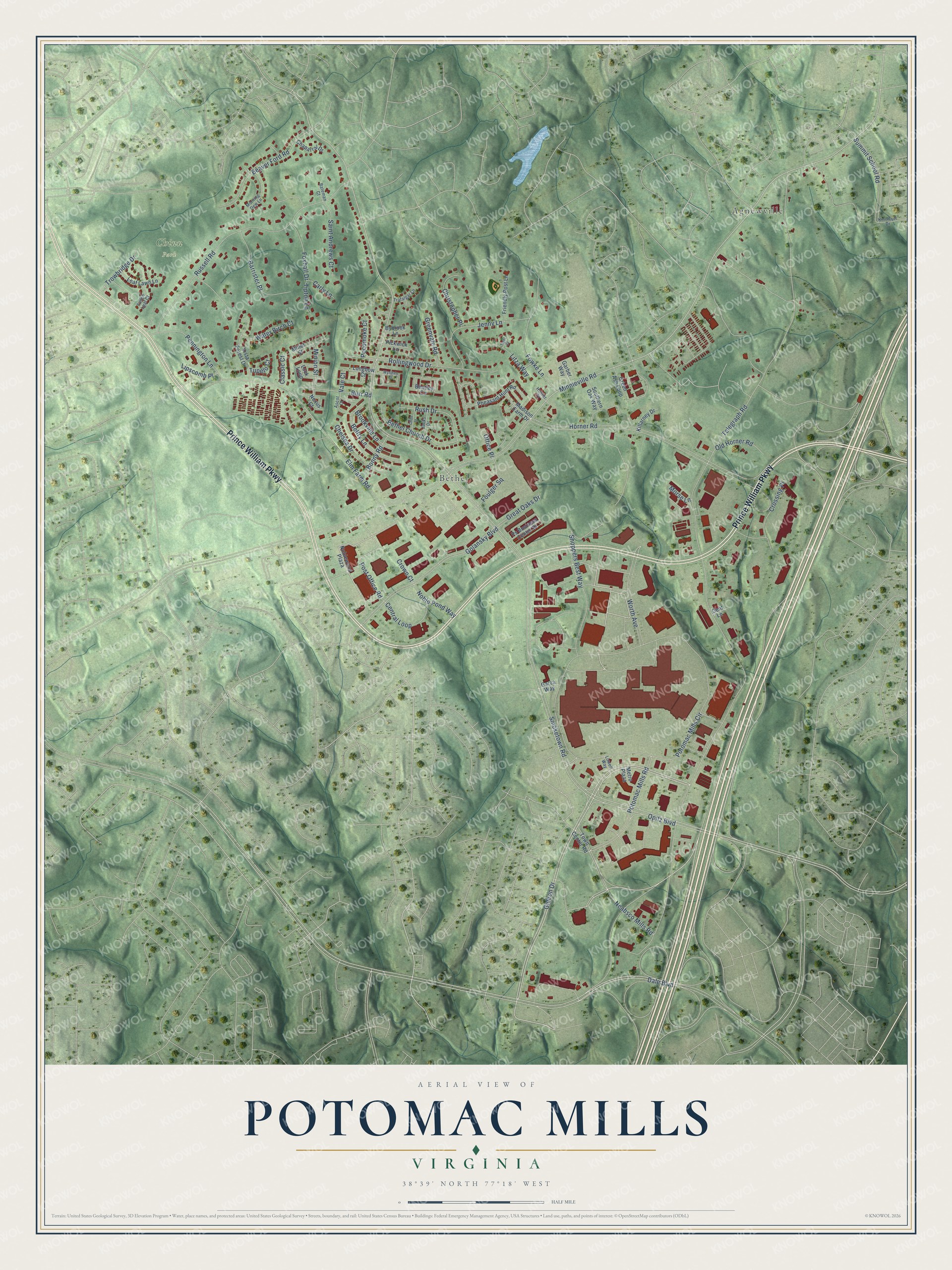 Full map of Potomac Mills, Virginia, with red buildings, printed street names and the land around them