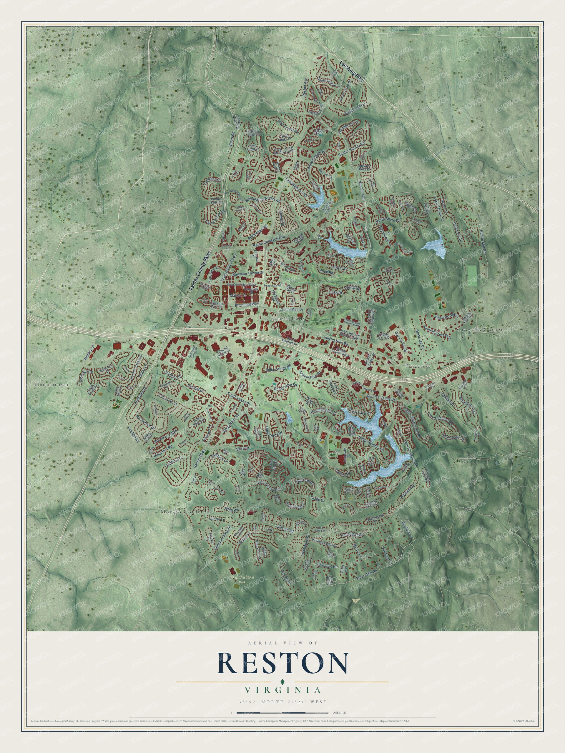 Full map of Reston, Virginia, with red buildings, printed street names and the land around them