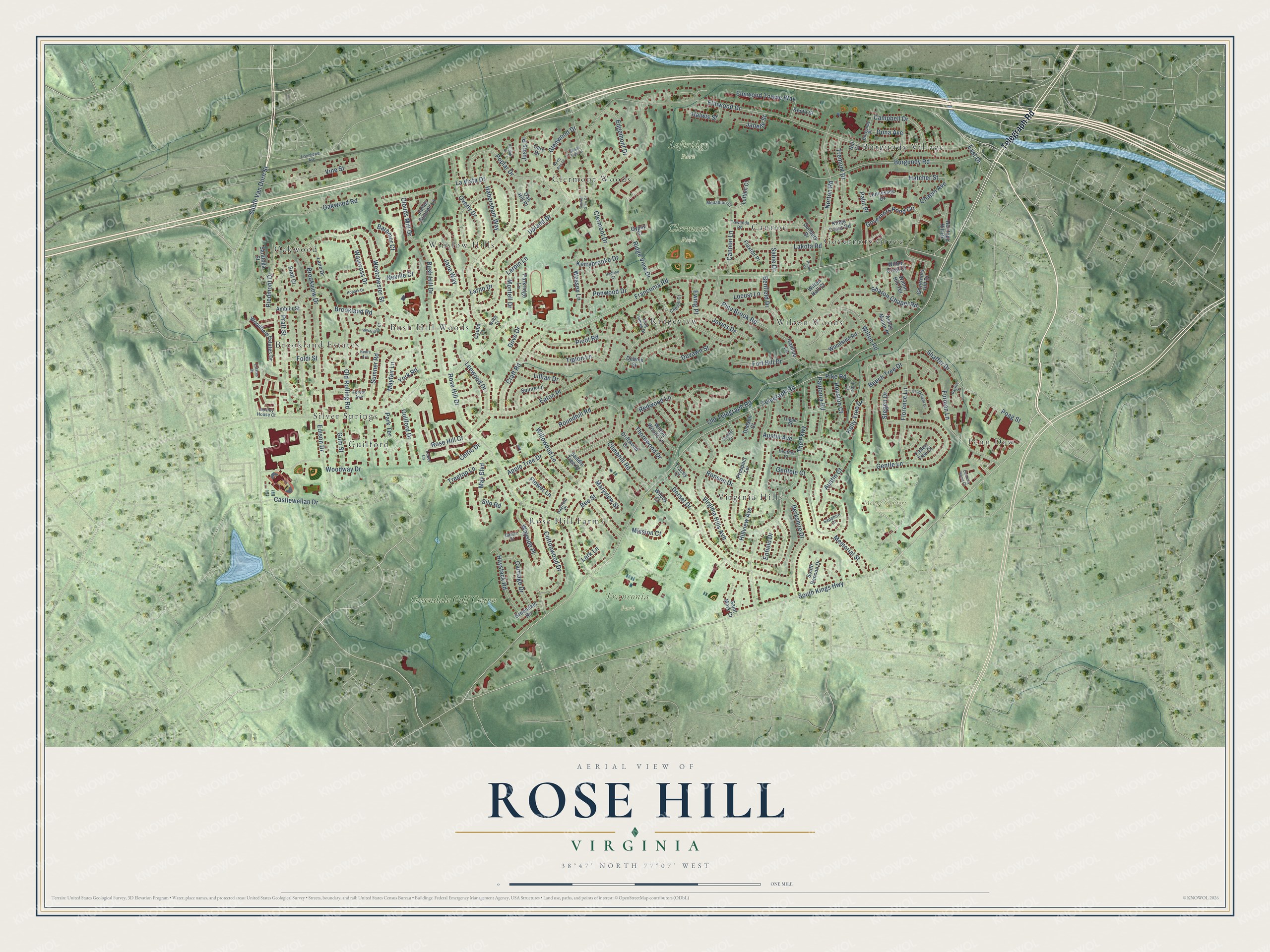 Full map of Rose Hill, Virginia, with red buildings, printed street names and the land around them