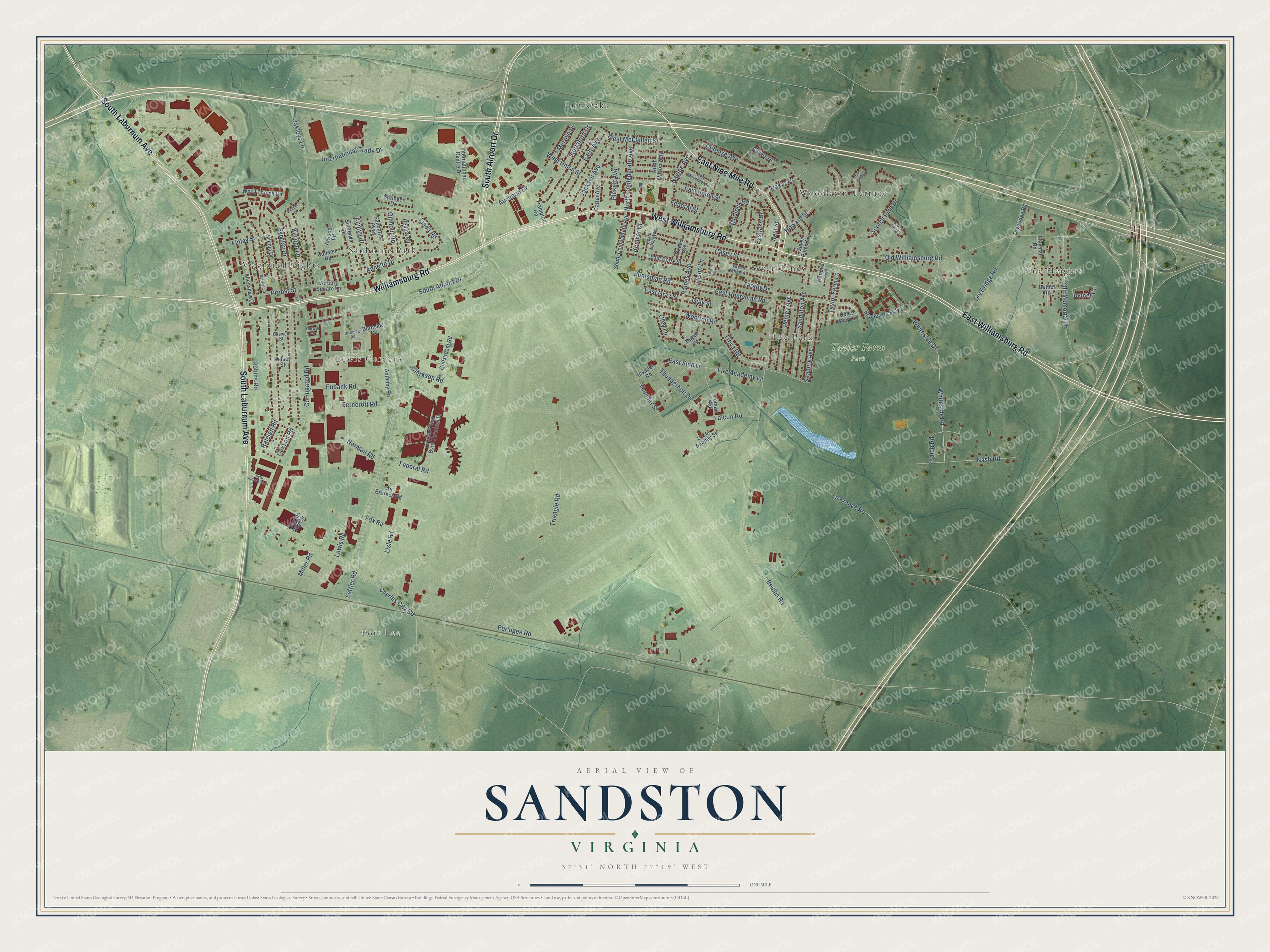 Full map of Sandston, Virginia, with red buildings, printed street names and the land around them