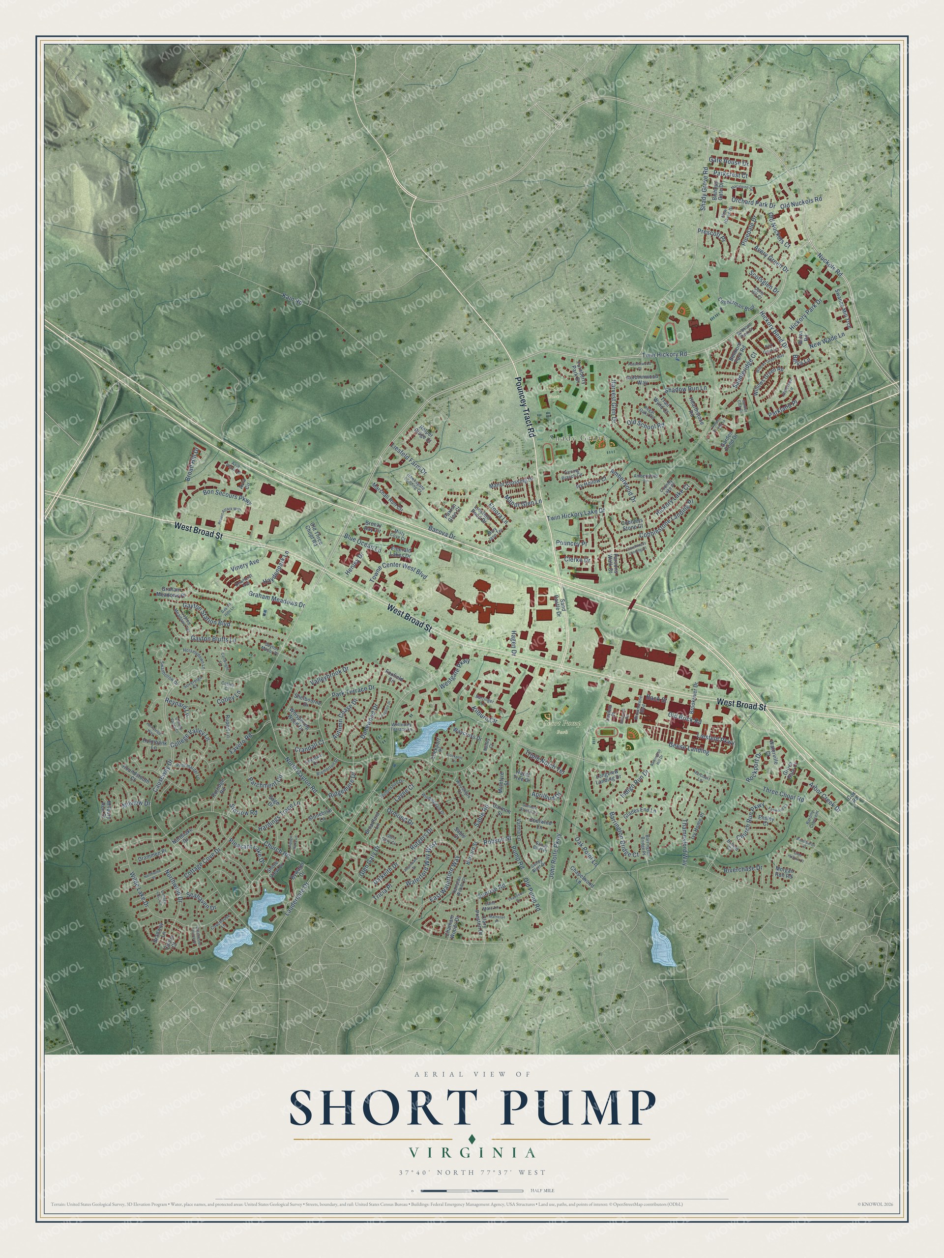 Full map of Short Pump, Virginia, with red buildings, printed street names and the land around them