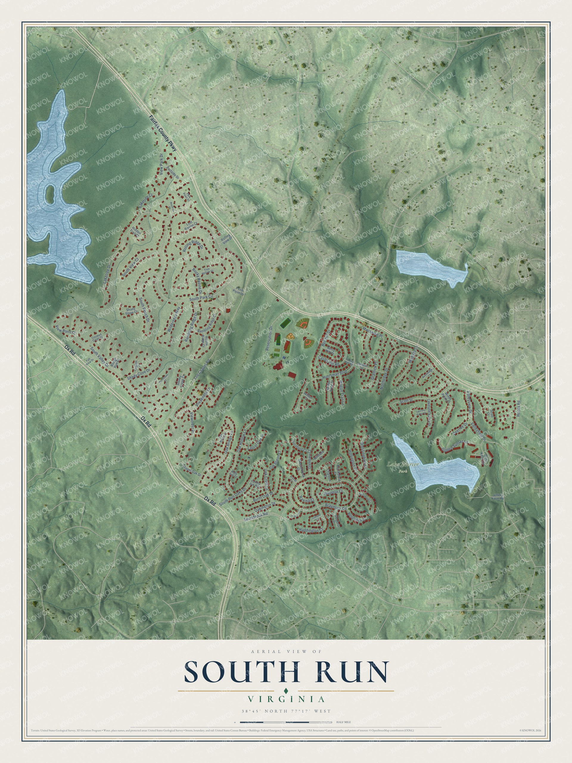 Full map of South Run, Virginia, with red buildings, printed street names and the land around them