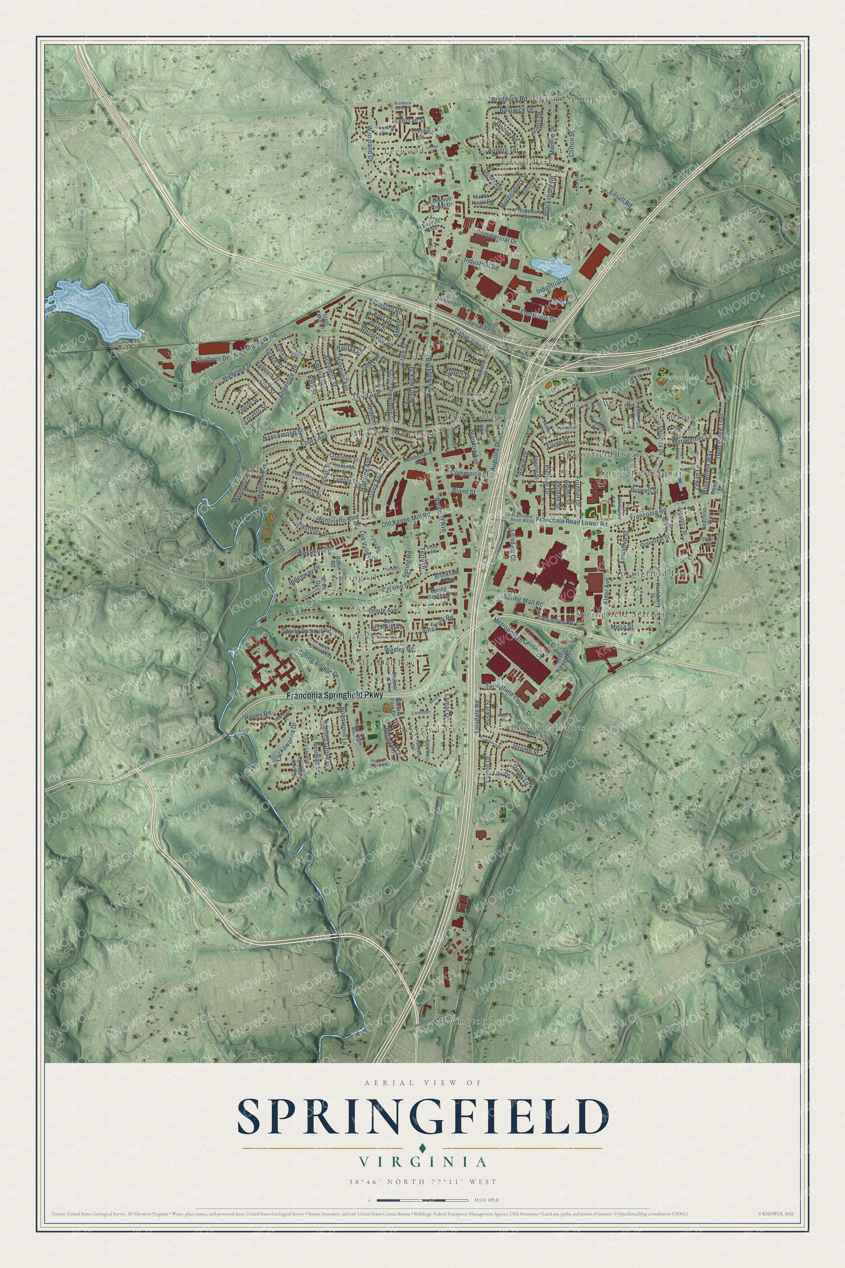Full map of Springfield, Virginia, with red buildings, printed street names and the land around them