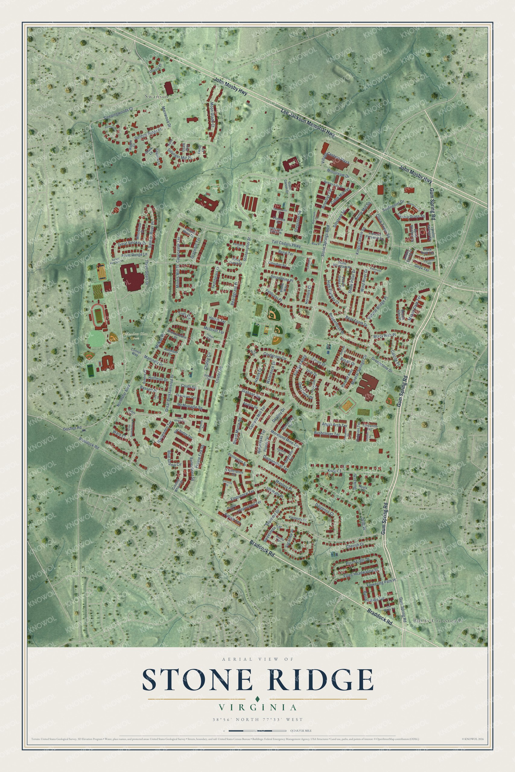 Full map of Stone Ridge, Virginia, with red buildings, printed street names and the land around them