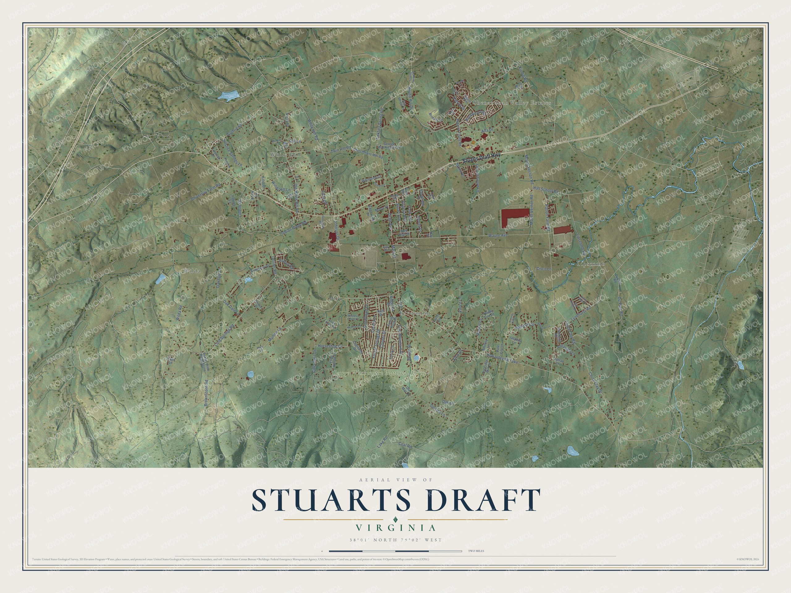 Full map of Stuarts Draft, Virginia, with red buildings, printed street names and the land around them