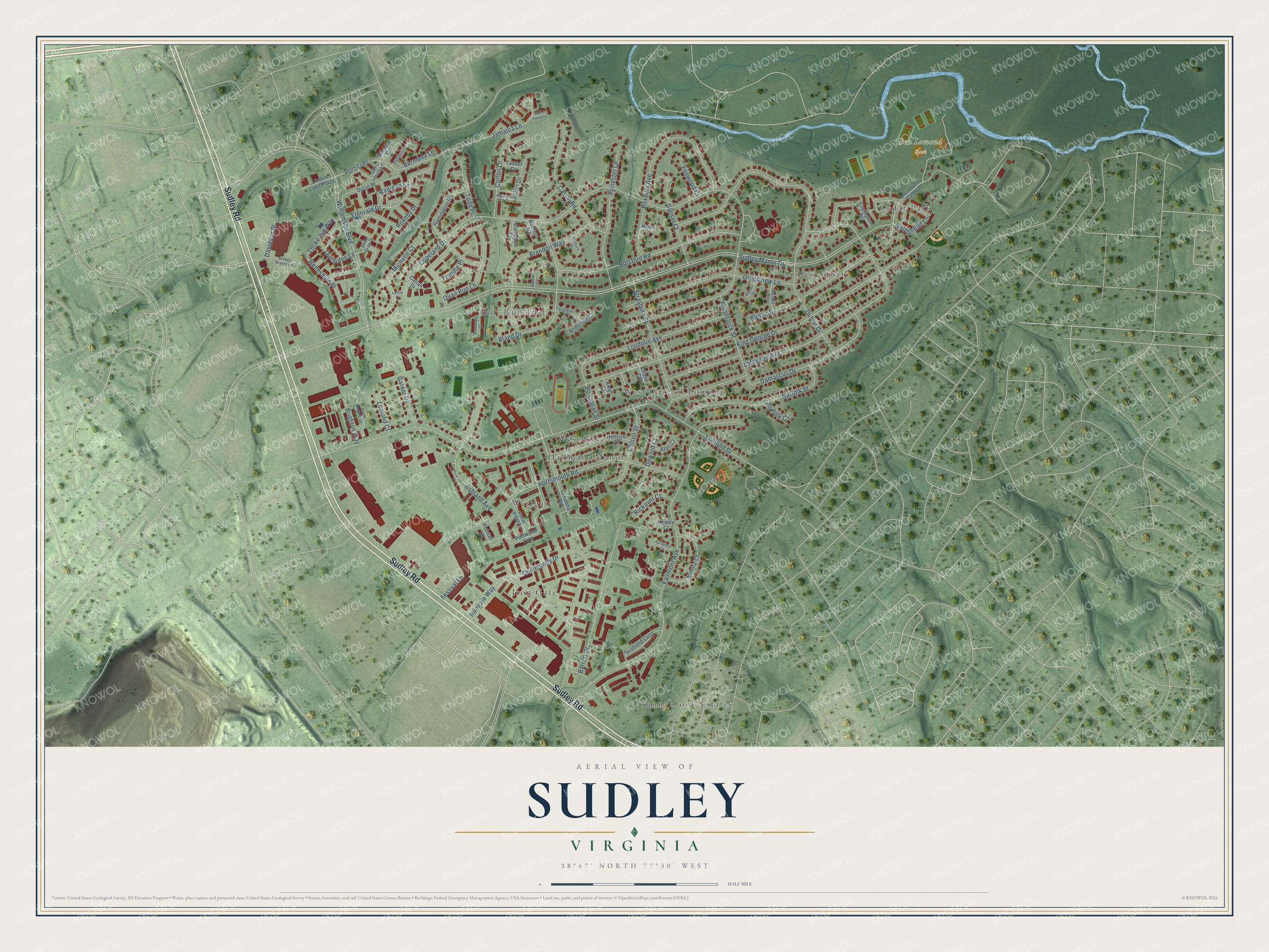 Full map of Sudley, Virginia, with red buildings, printed street names and the land around them