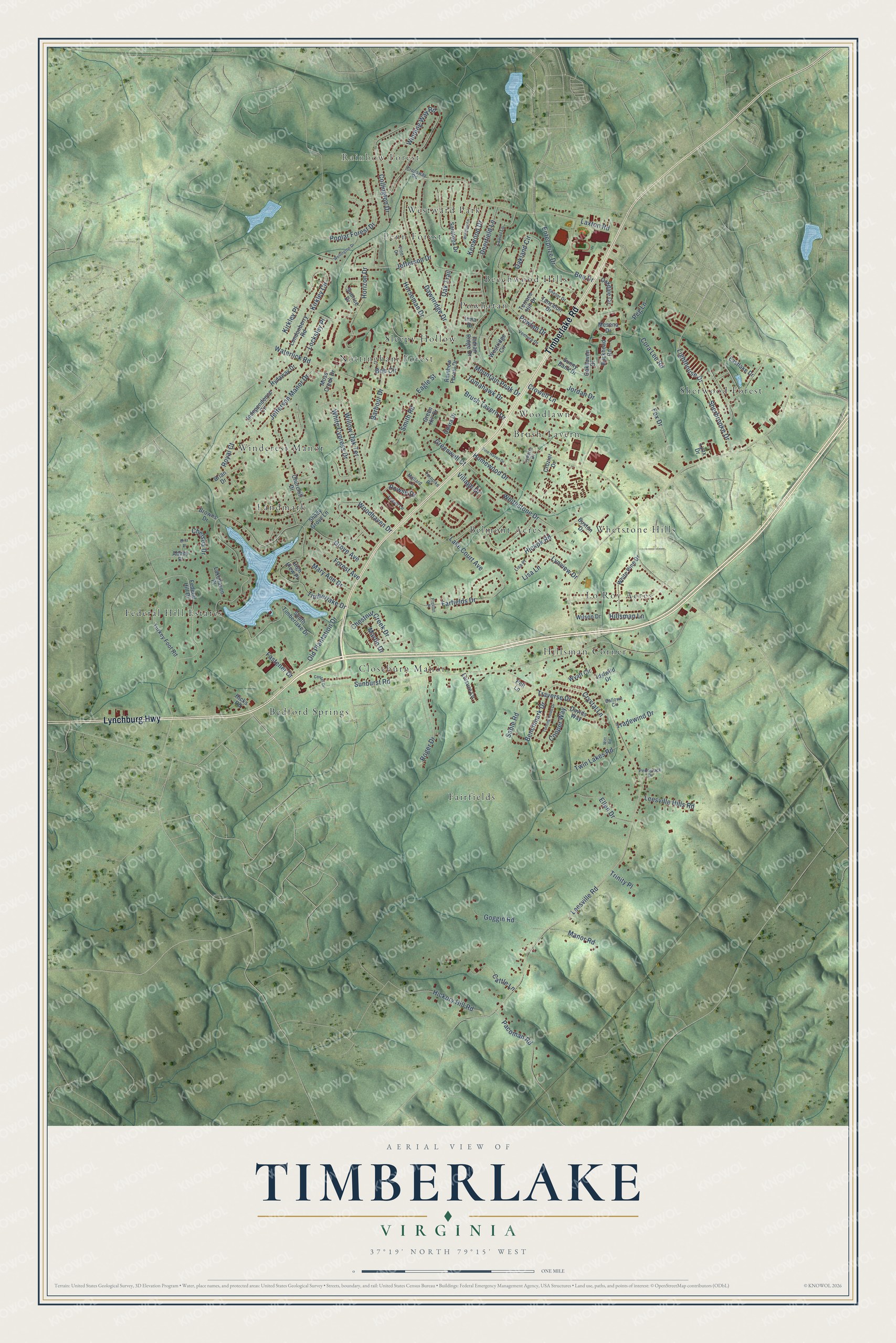 Full map of Timberlake, Virginia, with red buildings, printed street names and the land around them