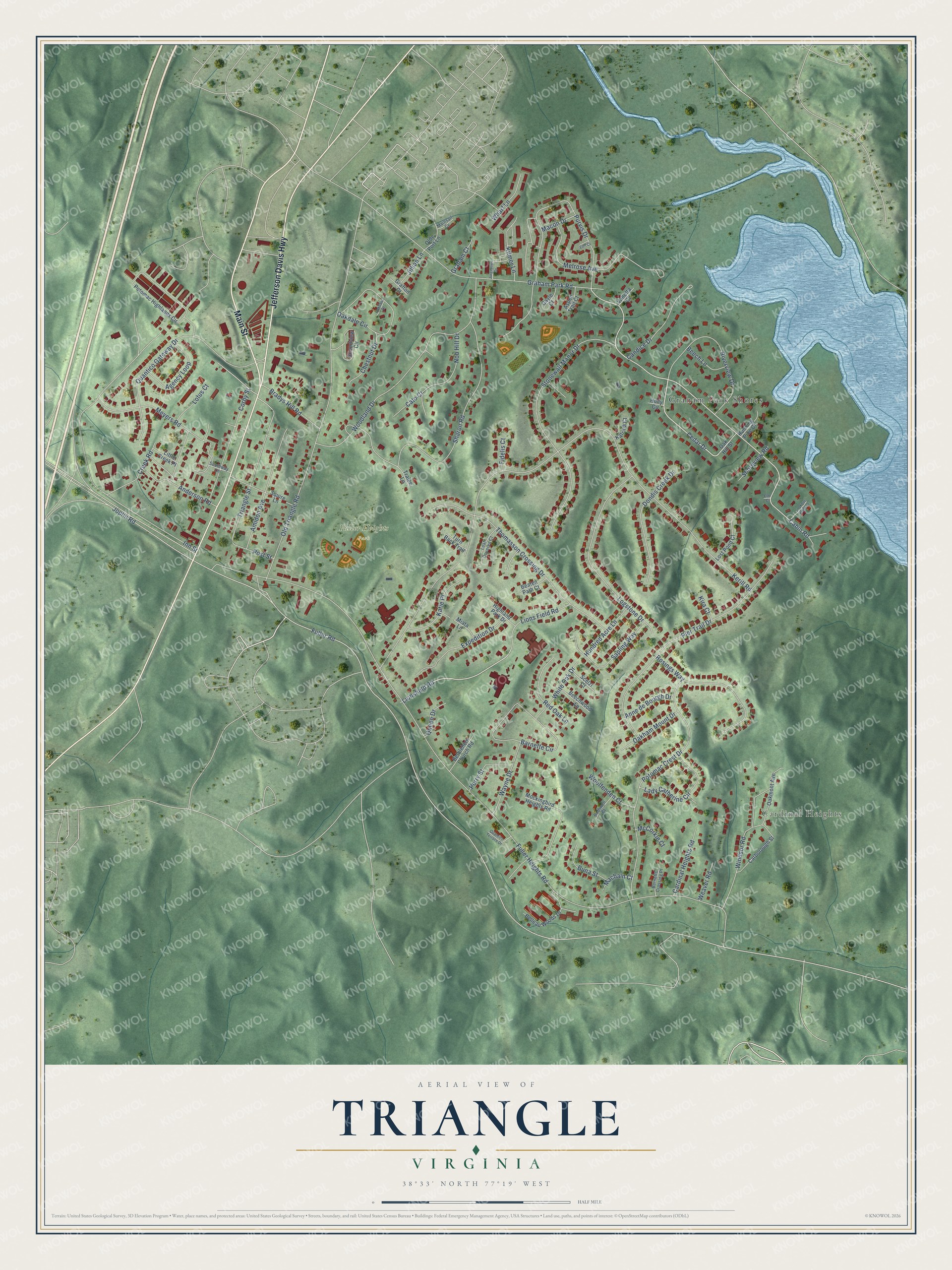 Full map of Triangle, Virginia, with red buildings, printed street names and the land around them