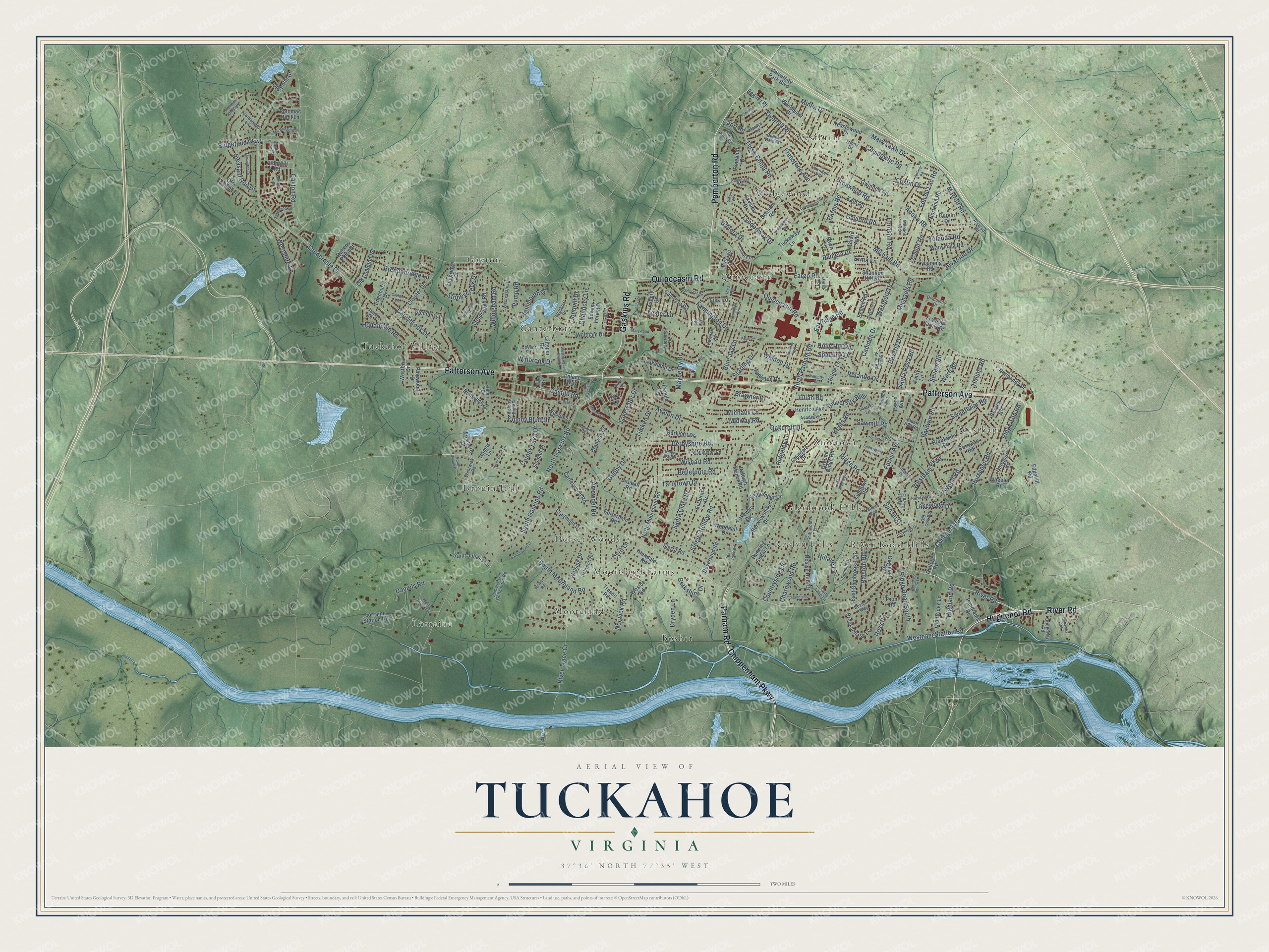 Full map of Tuckahoe, Virginia, with red buildings, printed street names and the land around them