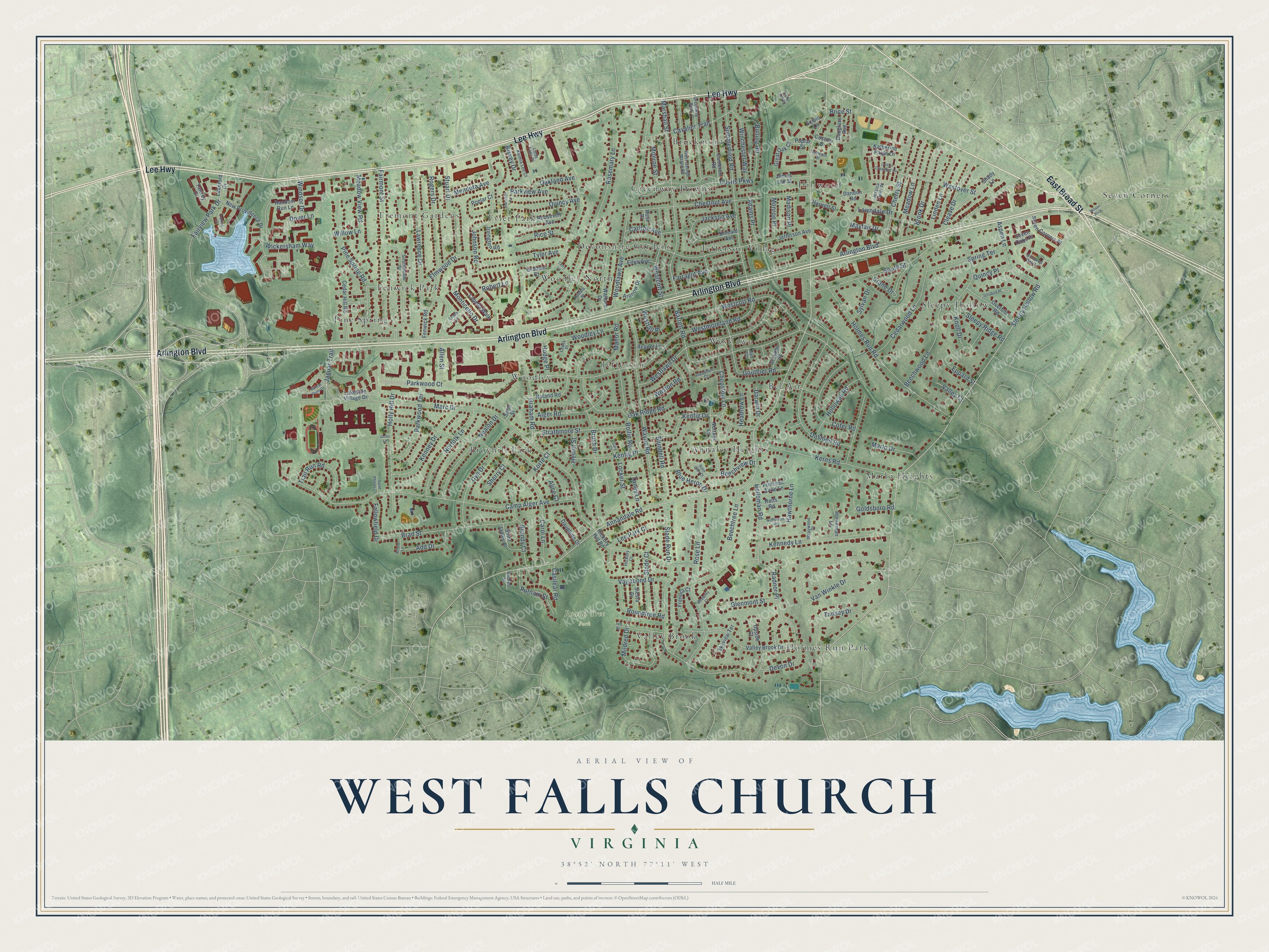 Full map of West Falls Church, Virginia, with red buildings, printed street names and the land around them