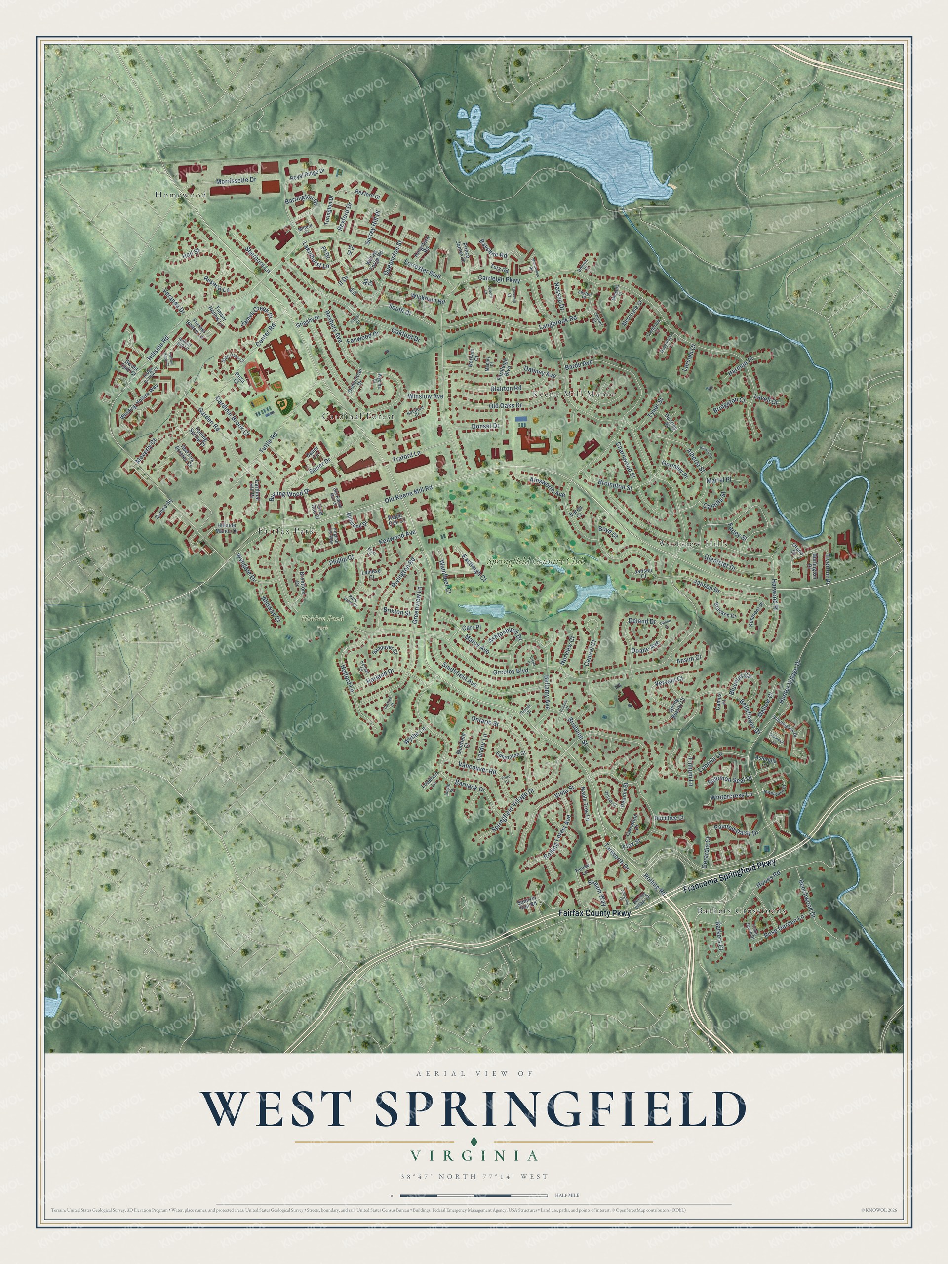 Full map of West Springfield, Virginia, with red buildings, printed street names and the land around them