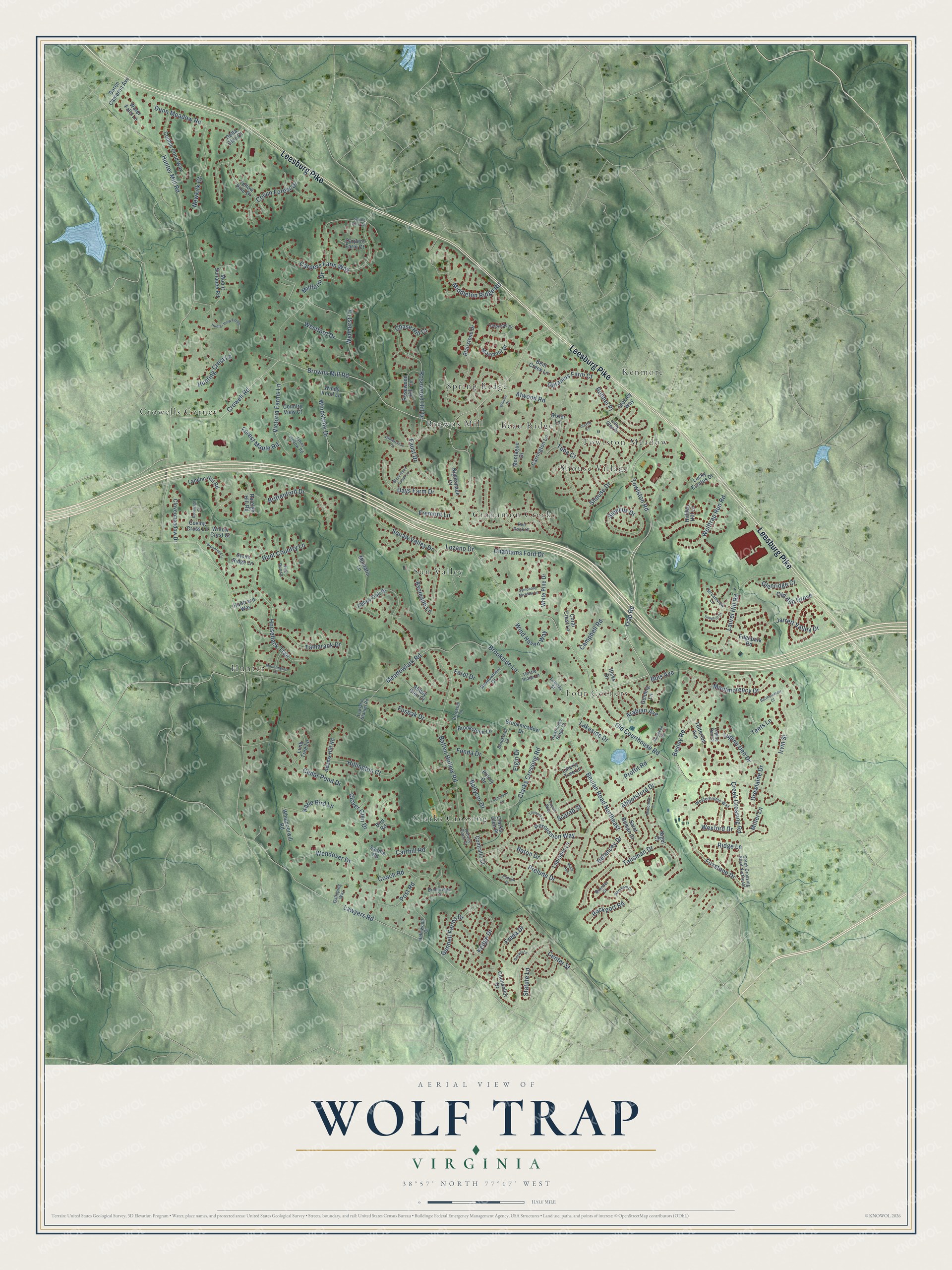 Full map of Wolf Trap, Virginia, with red buildings, printed street names and the land around them