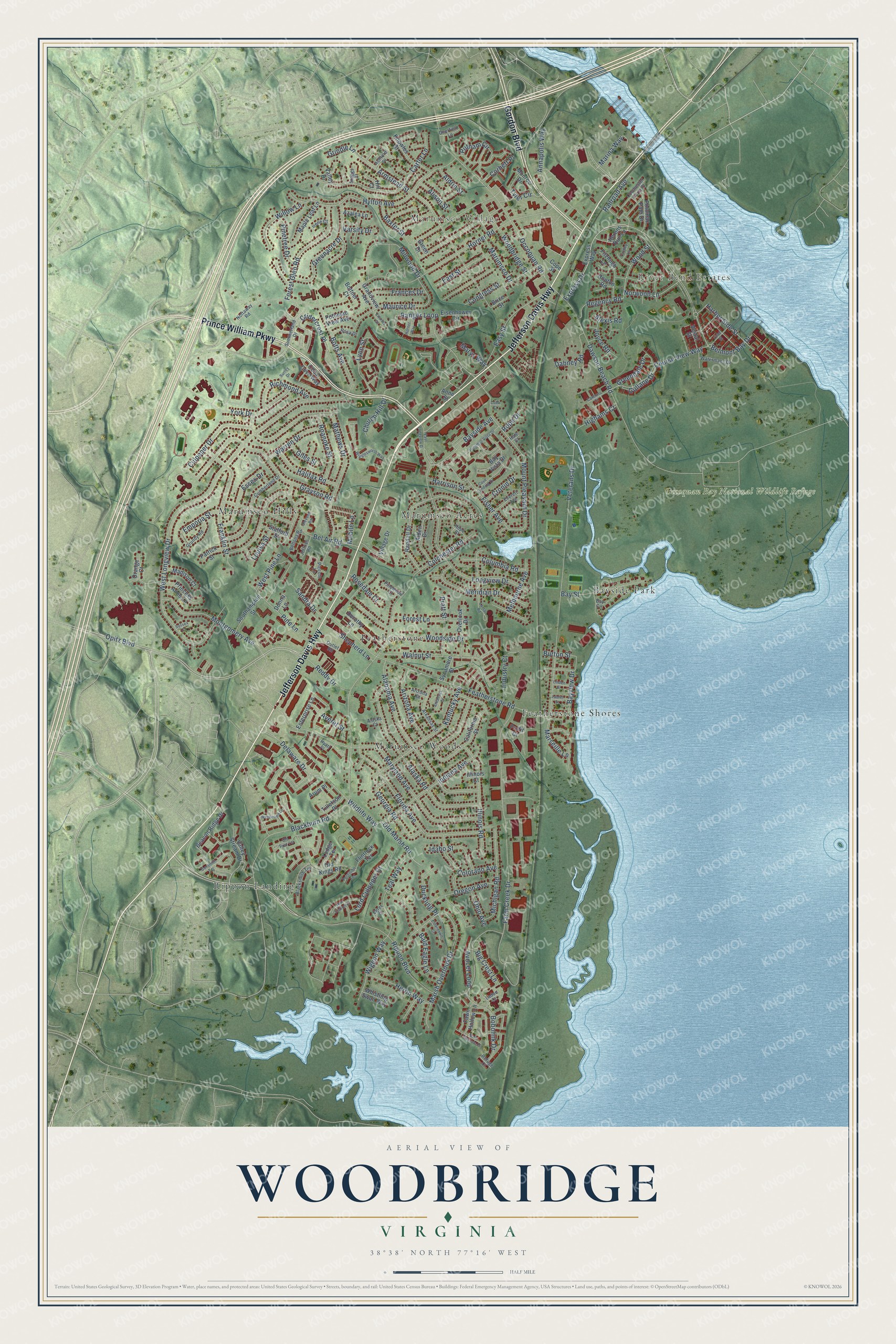 Full map of Woodbridge, Virginia, with red buildings, printed street names and the land around them