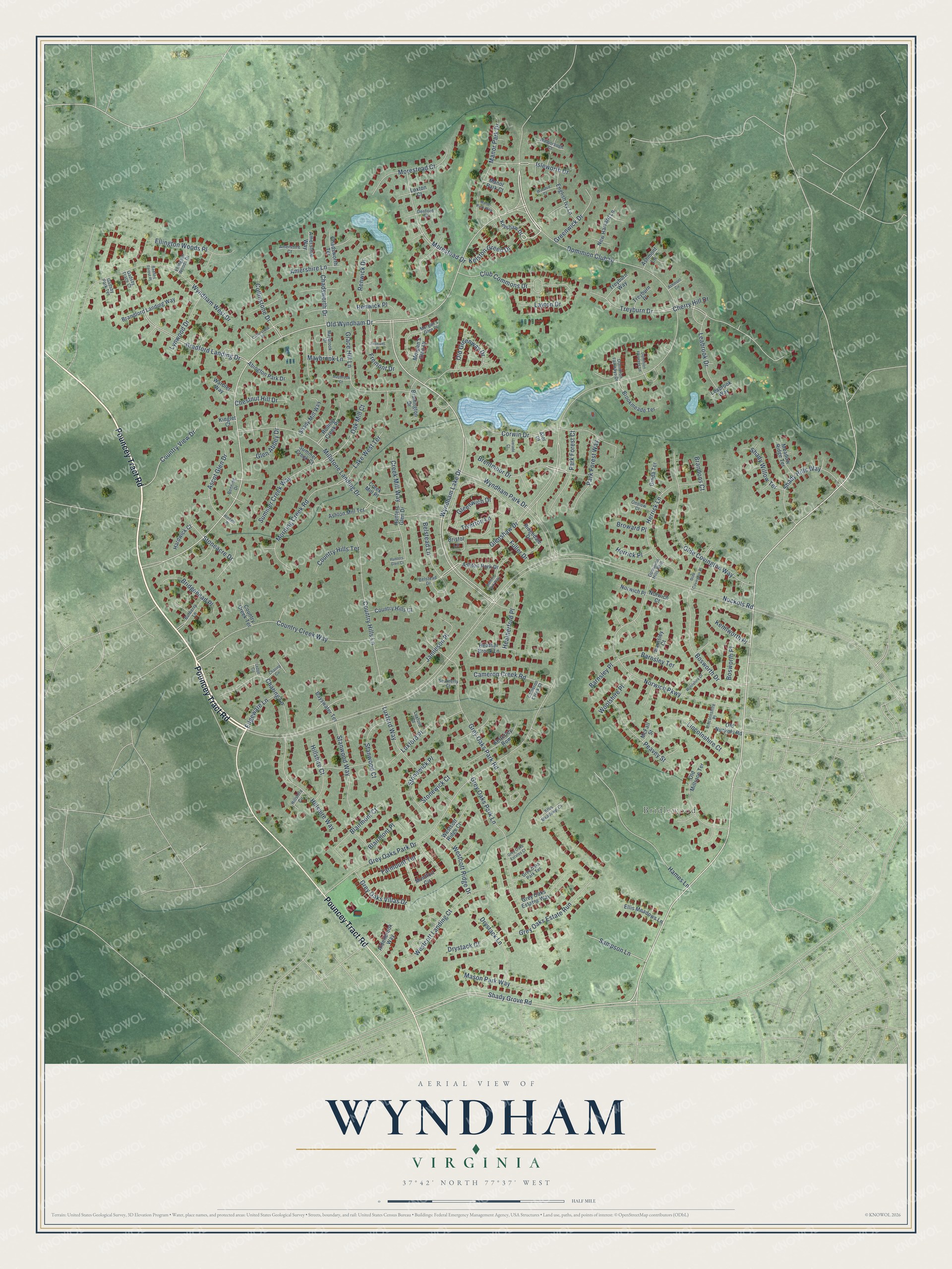 Full map of Wyndham, Virginia, with red buildings, printed street names and the land around them