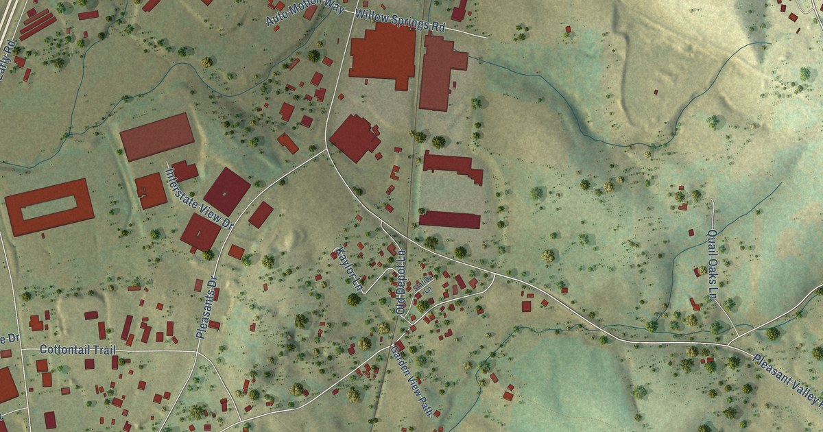 Close-up of streets and buildings in Pleasant Valley, Virginia