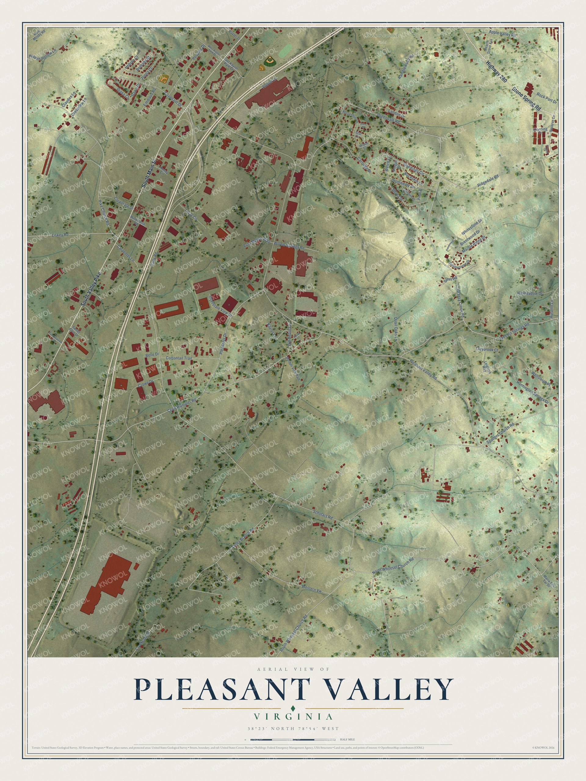 Full map of Pleasant Valley, Virginia, with red buildings, printed street names and the land around them