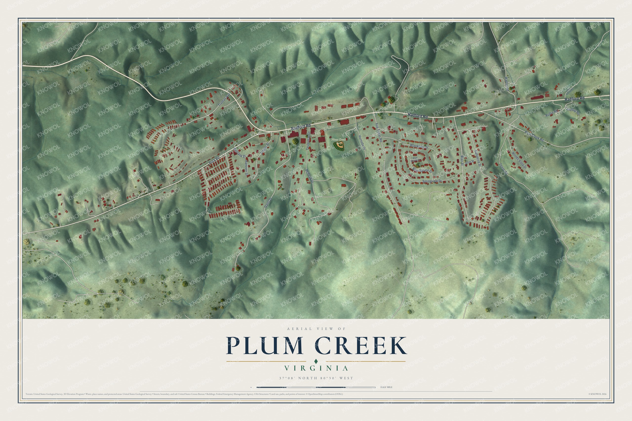 Full map of Plum Creek, Virginia, with red buildings, printed street names and the land around them