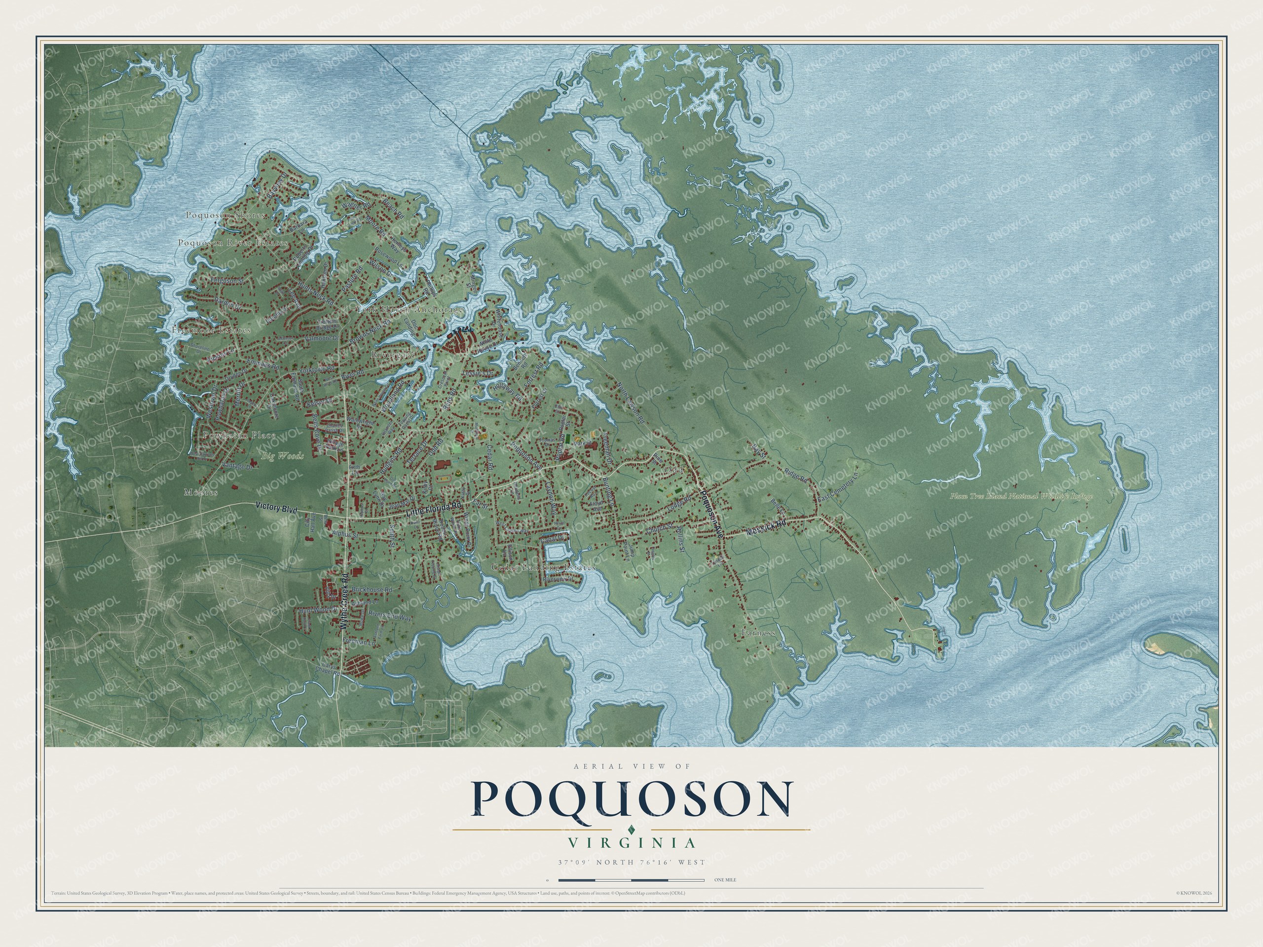 Full map of Poquoson, Virginia, with red buildings, printed street names and the land around them