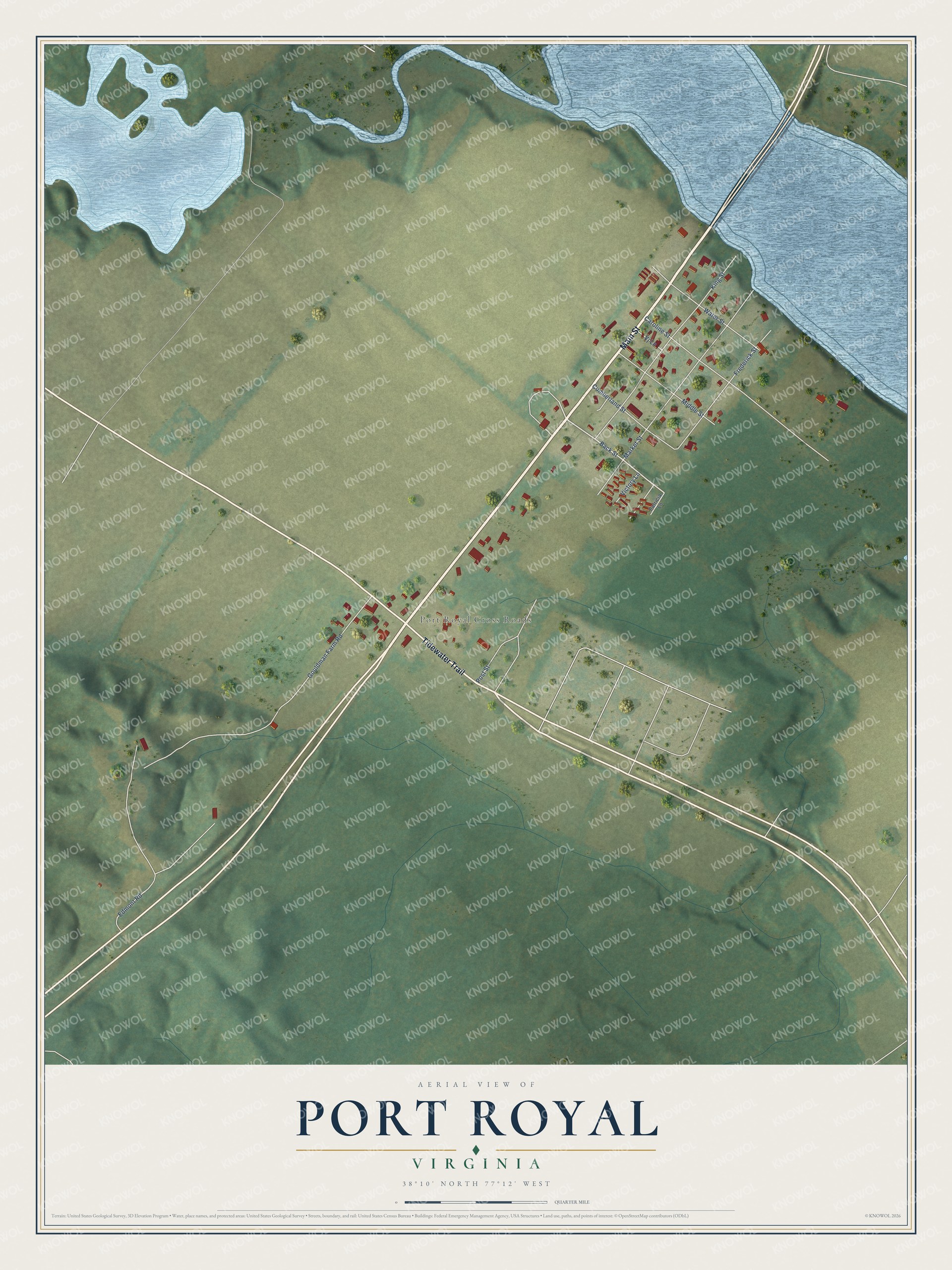 Full map of Port Royal, Virginia, with red buildings, printed street names and the land around them